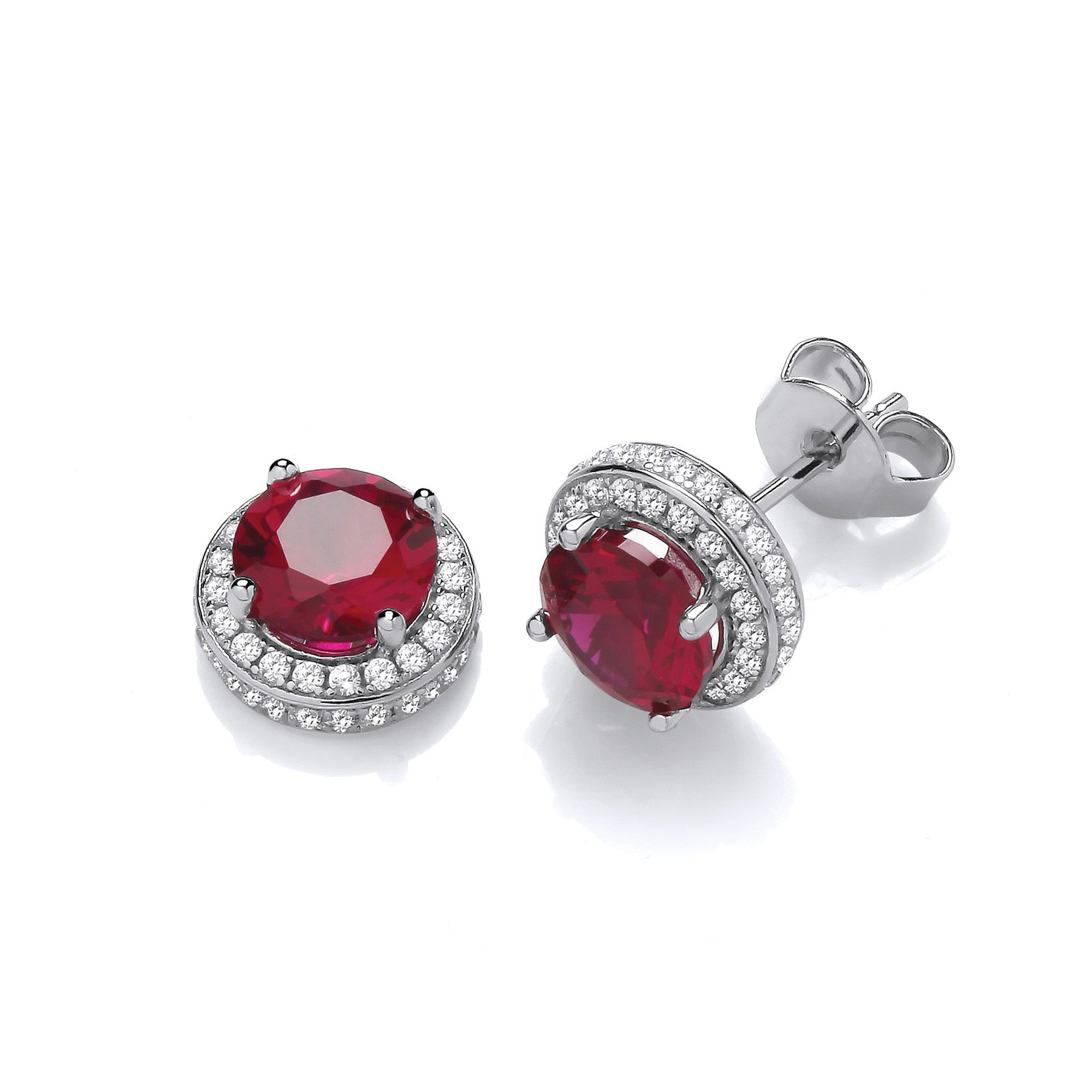 Red Halo Style Cubic Zirconia Stud Earrings - Silver