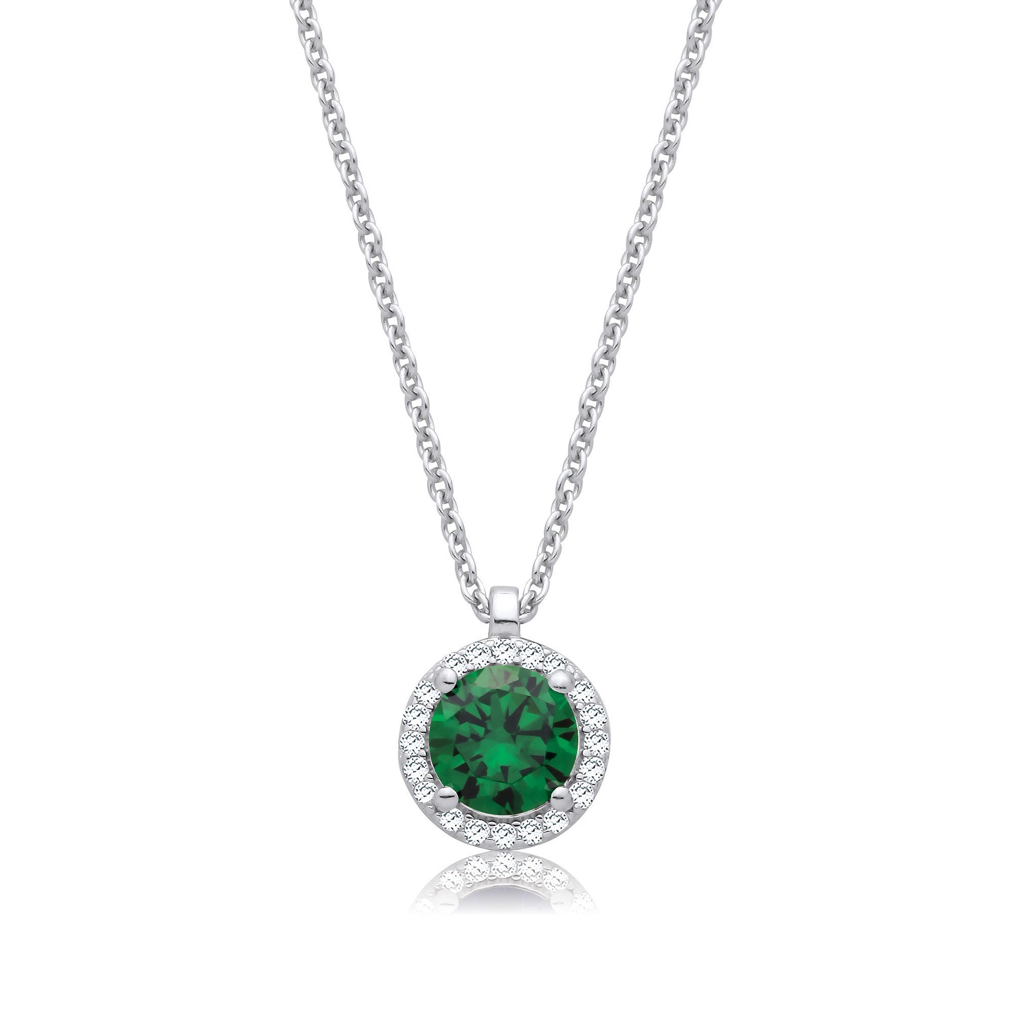 Emerald Green and Clear Cubic Zirconias Halo Pendant with Chain - Silver