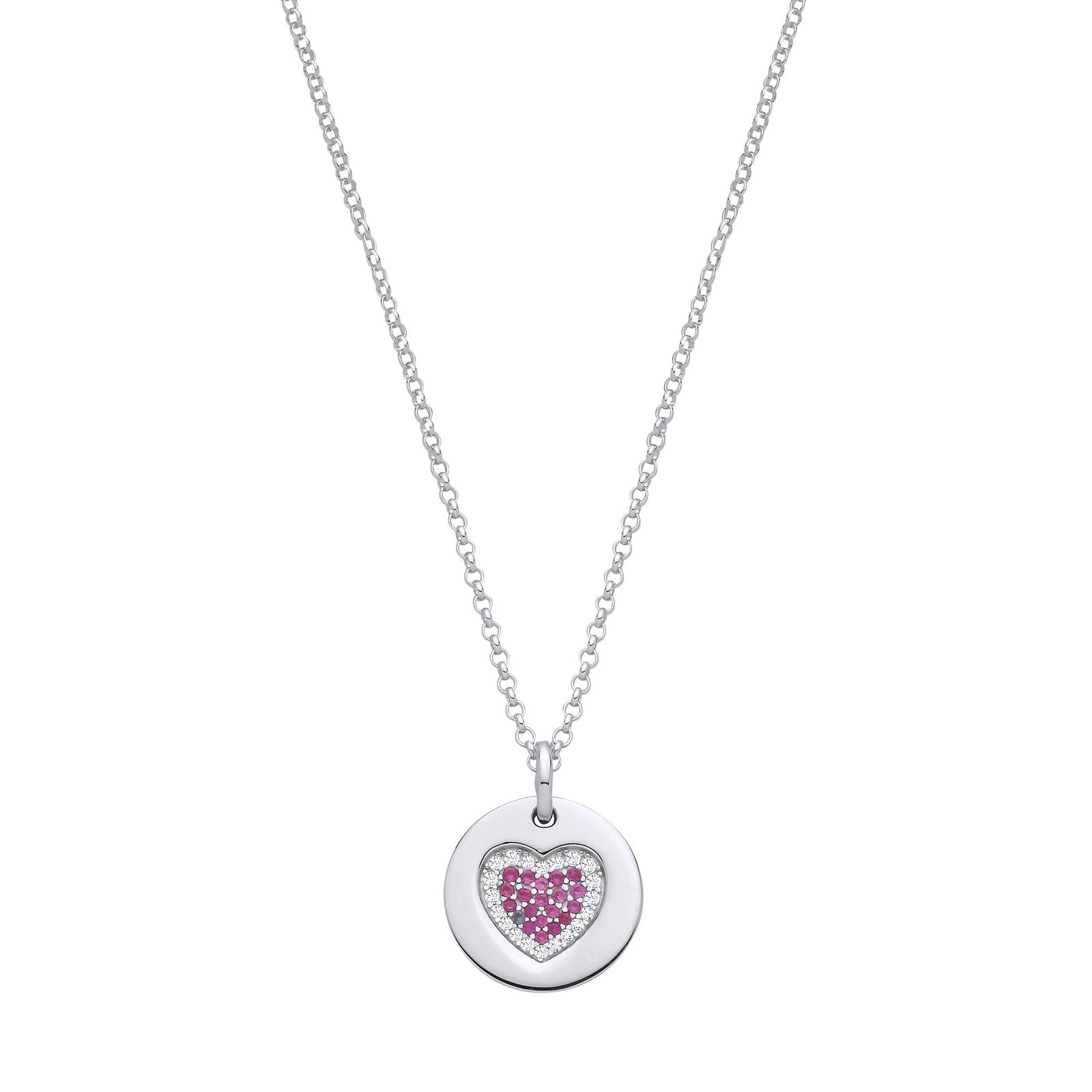 Silver Chain with Pink CZs Heart on Circle Pendant