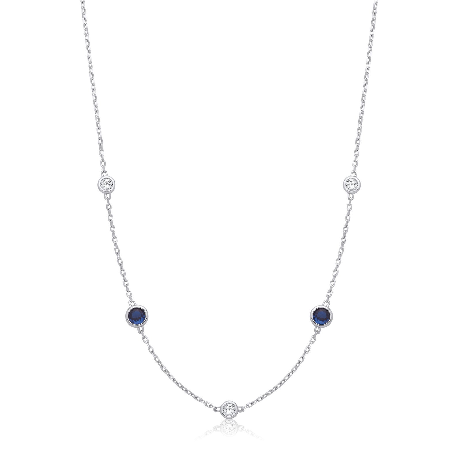 Silver Rh.Plated Rubover 5 Blue & Clear Cz's Necklace