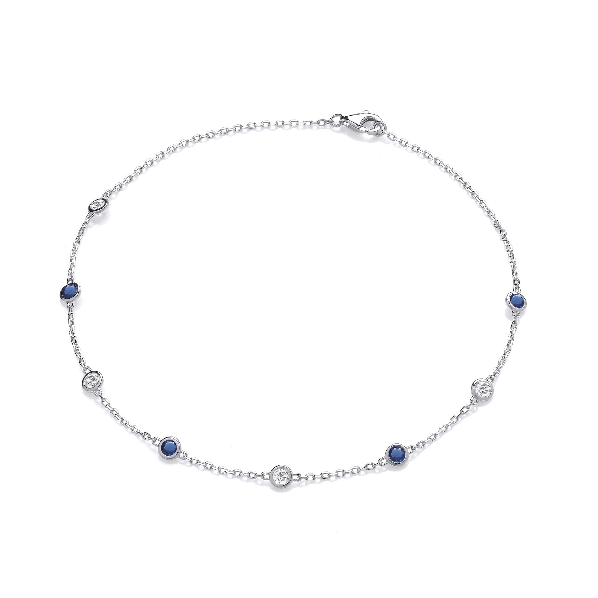 Silver Rubover Blue & Clear Cubic Zirconia's Ladies Anklet - Silver