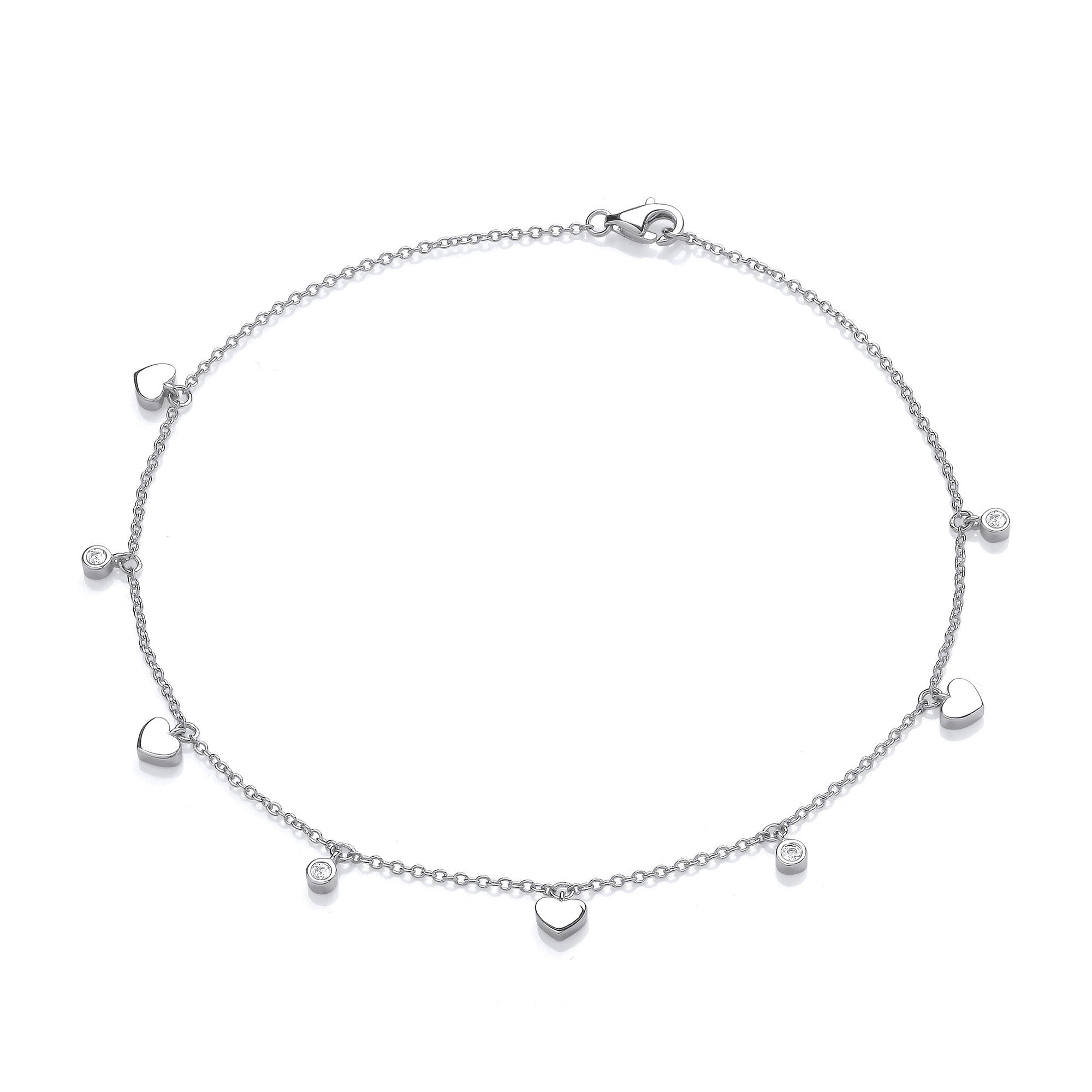Silver Hearts and Round Cubic Zirconia's Ladies Anklet
