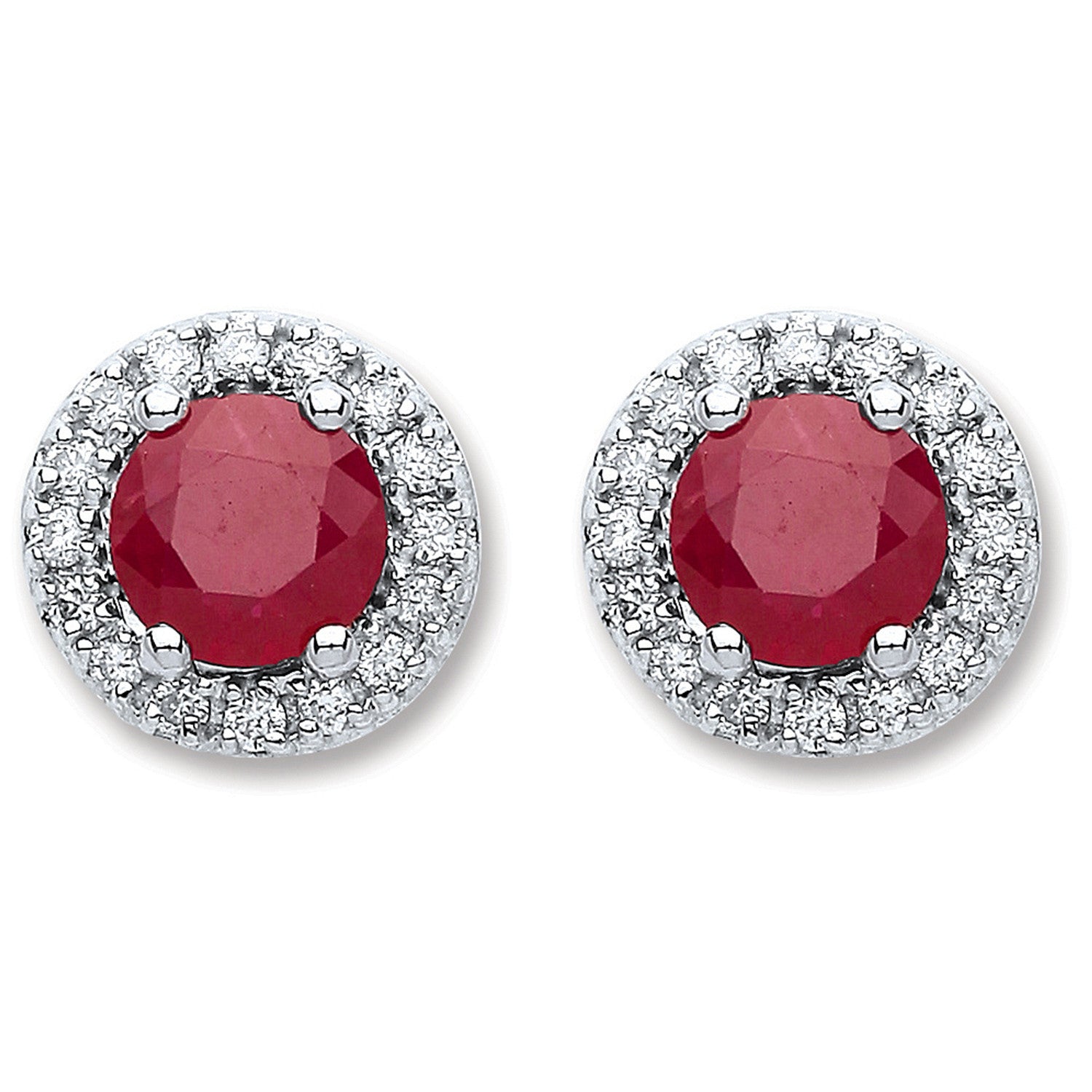 9ct White Gold 0.15ct Dia, 0.90ct Round Ruby Stud Earrings - 9ct Gold