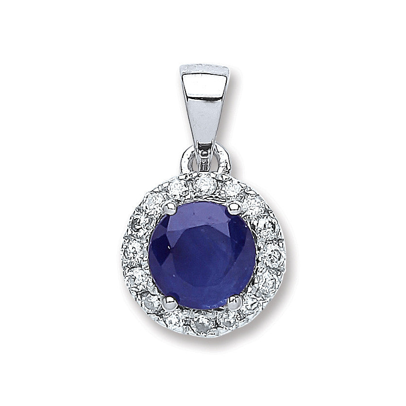 9ct White Gold 0.15ct Diamond, 0.70ct Round Sapphire Pendant - 9ct Gold