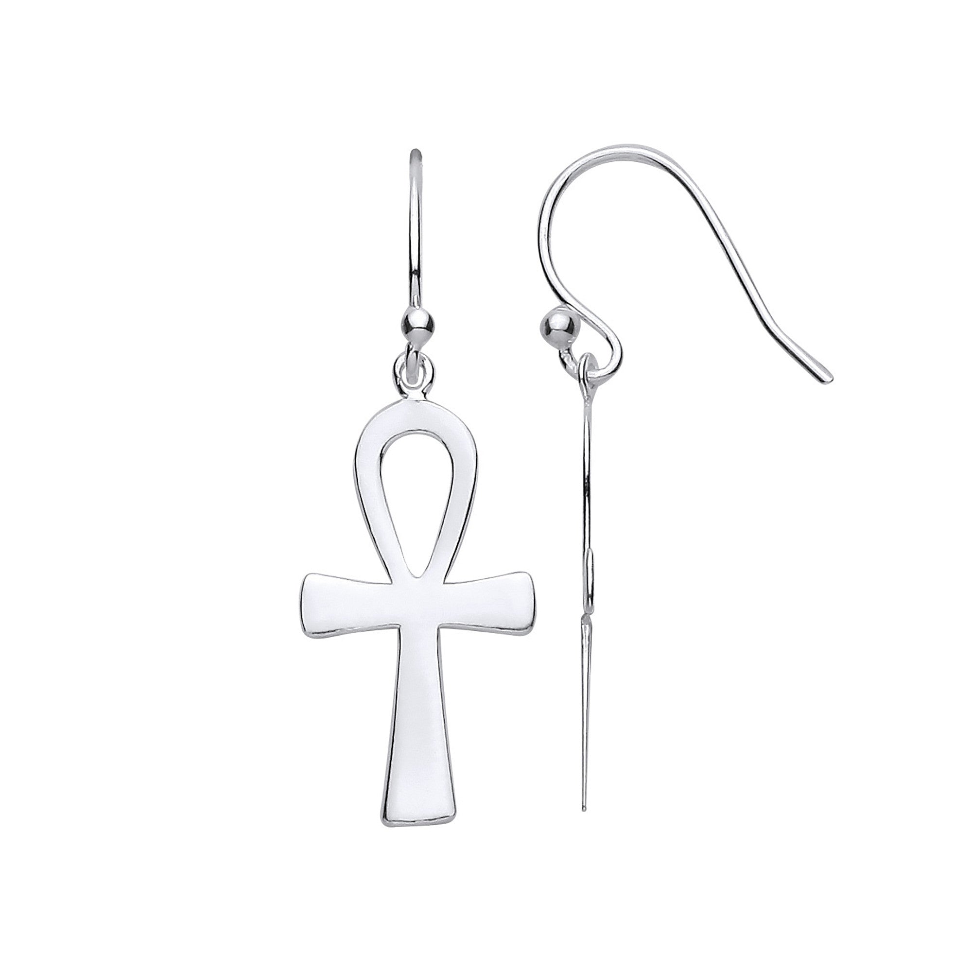 Silver Ankh Cross Drop Earrings with Hook - Silver