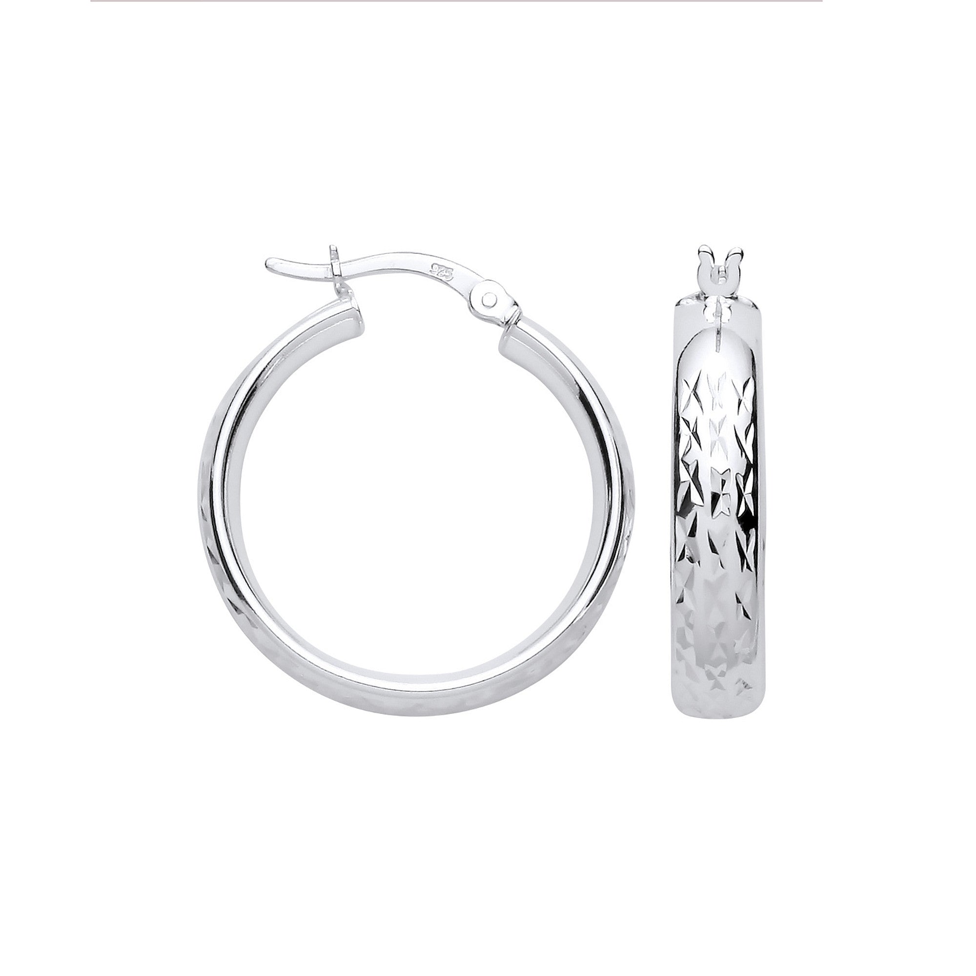 Silver 20mm Tyre Tread Design D Shape Earrings - Silver