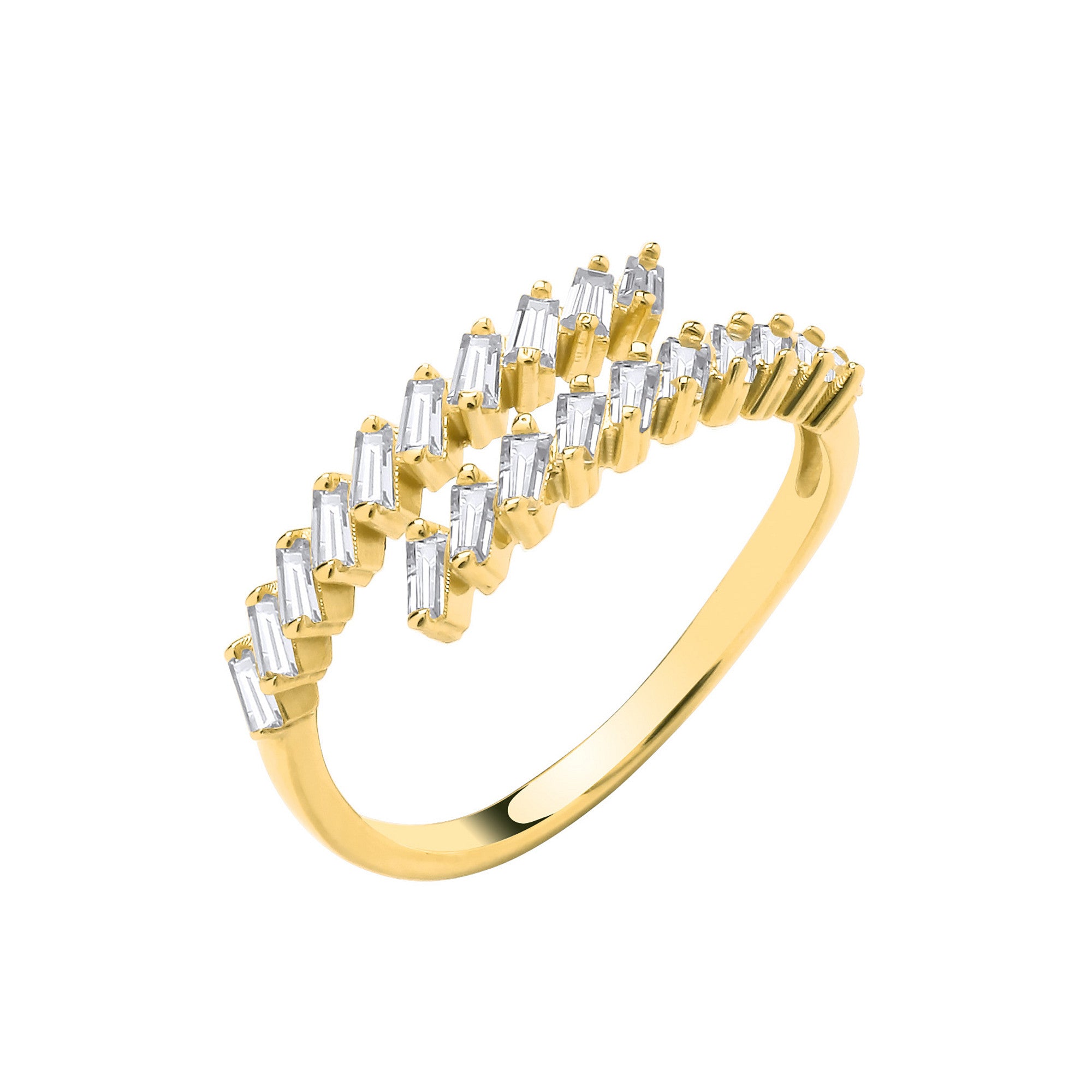 Yellow Gold Cross-Over Cubic Zirconia Baguettes Ladies Ring - 9ct Gold