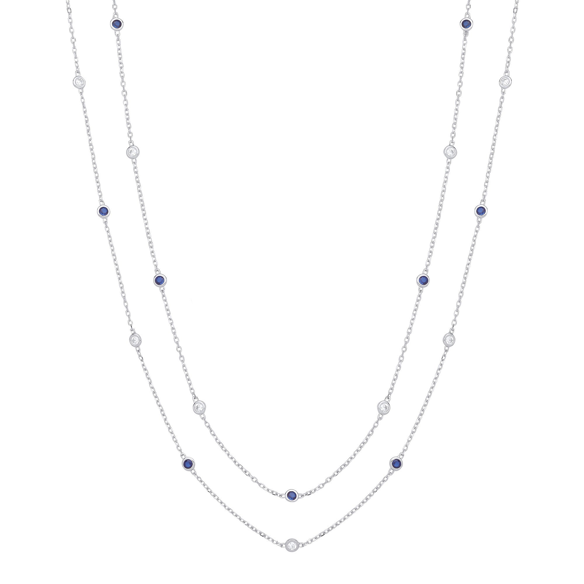 38" Silver Rubover Blue & Clear Cubic Zirconia's Necklace - Silver
