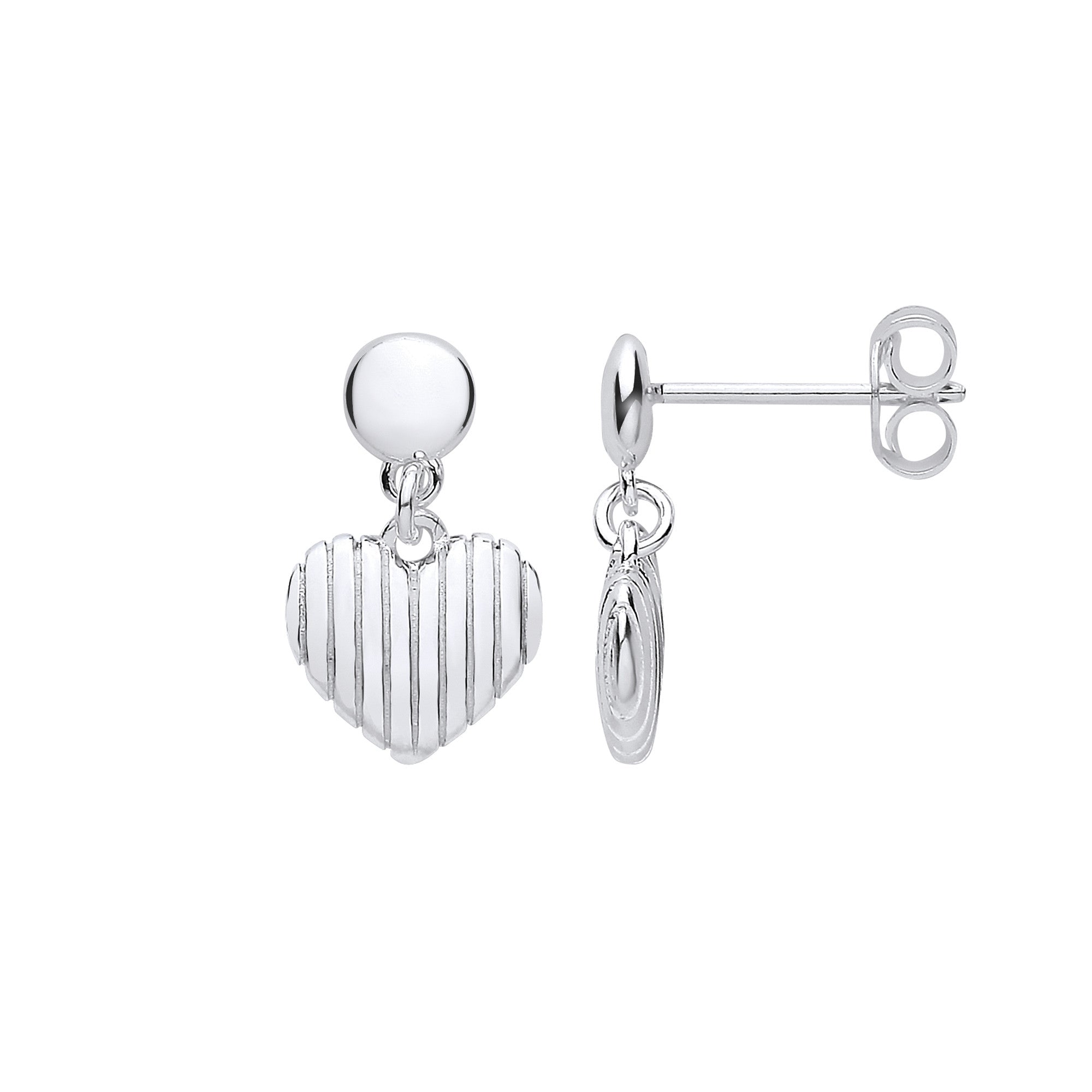 Silver Heart Ribbed Drop Earrings