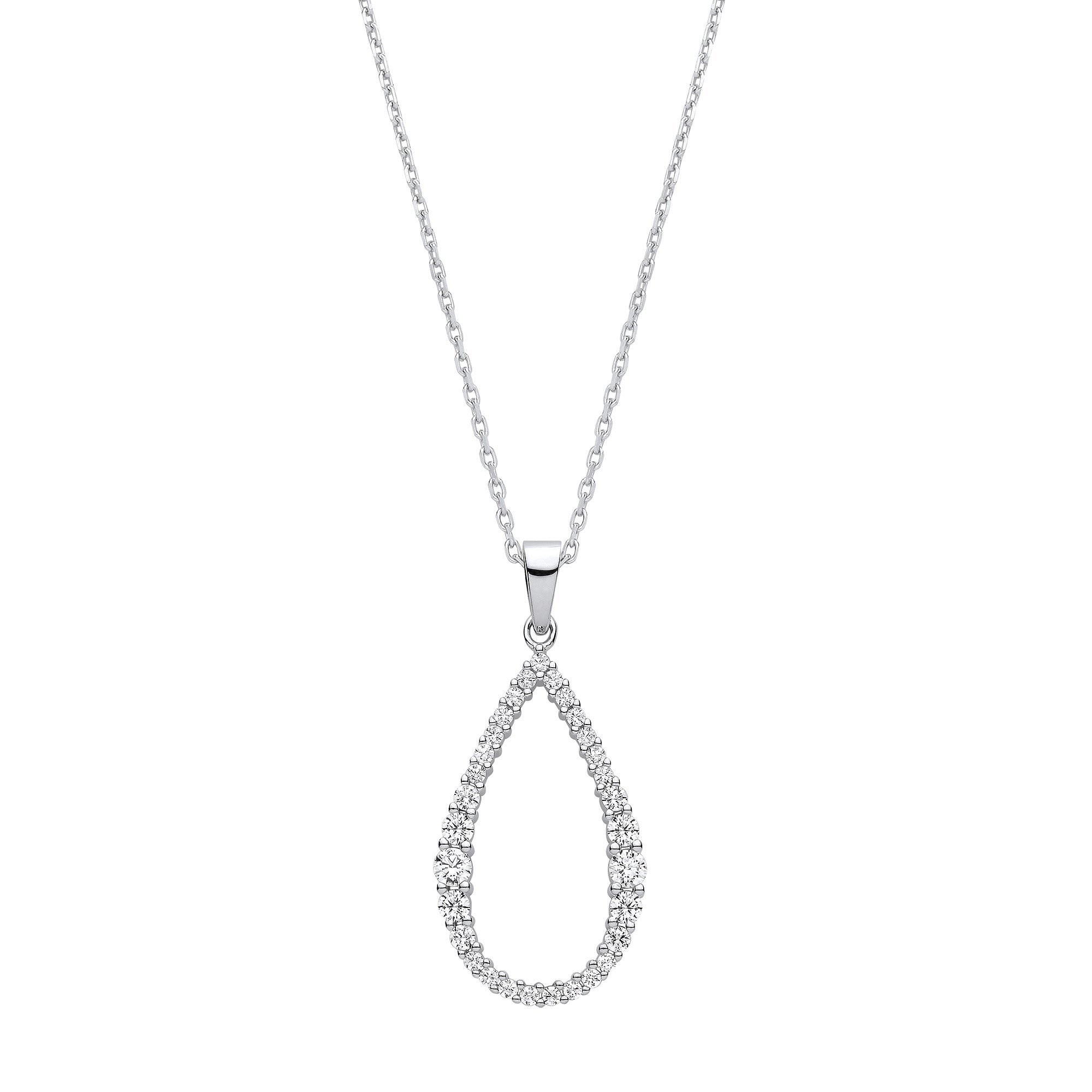 Silver Teardrop Cubic Zirconia Long Pendant on 16-18" Chain