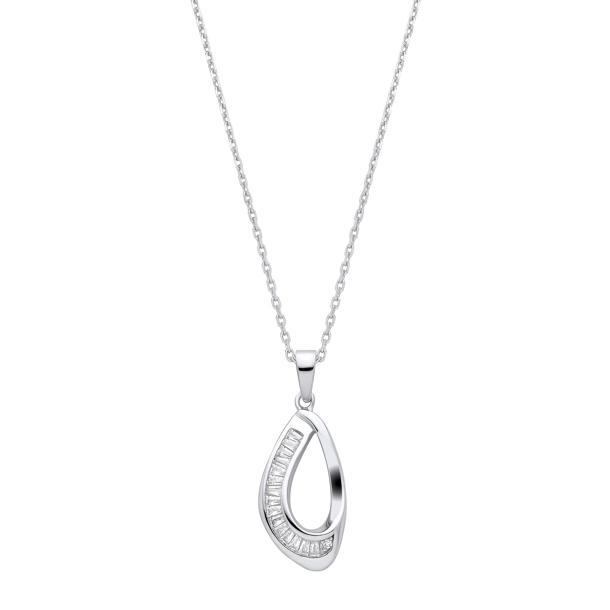 Silver Baguette Cubic Zirconias Open Teardrop Pendant with Chain