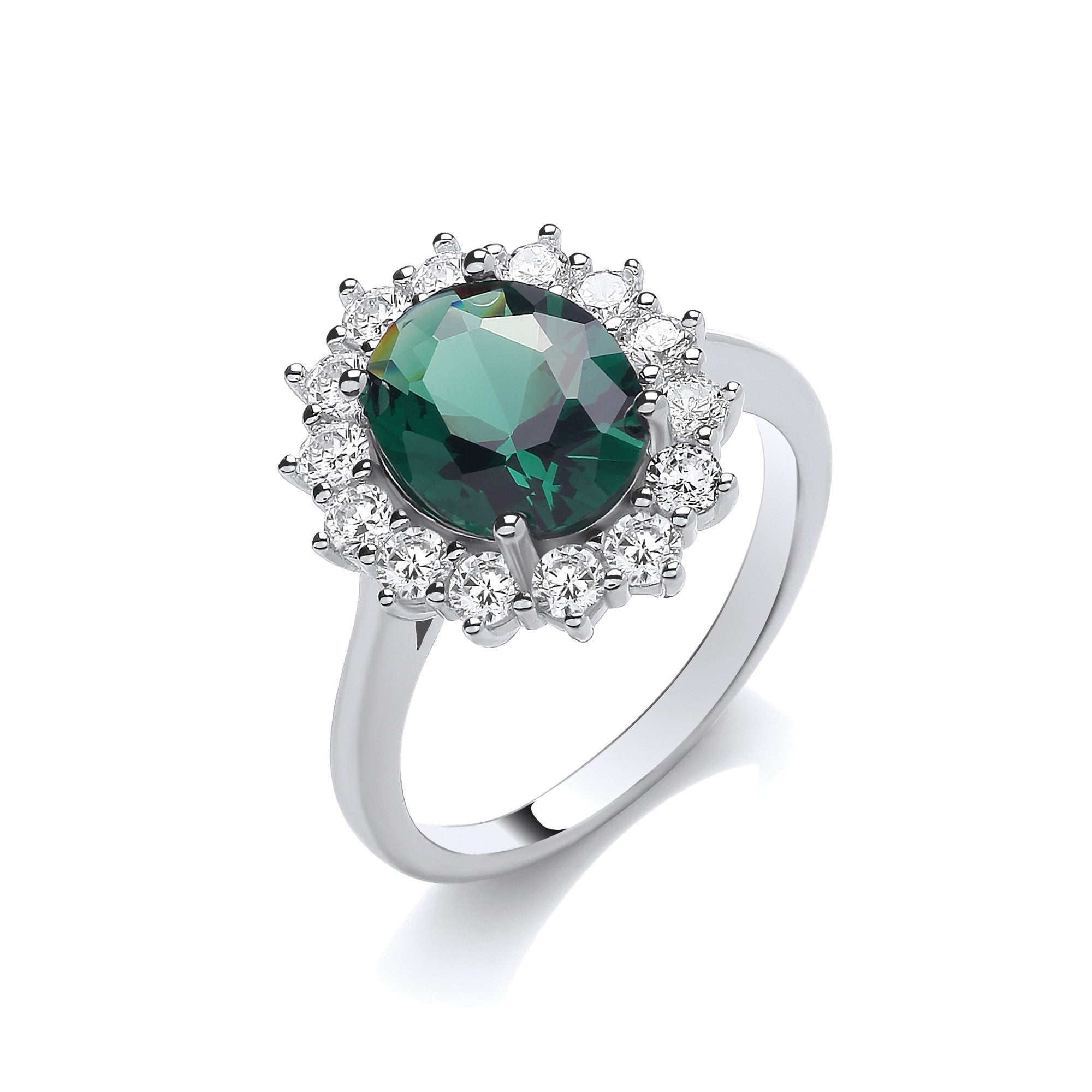 Oval Green Nano Crystal Halo Style Ladies Silver Ring