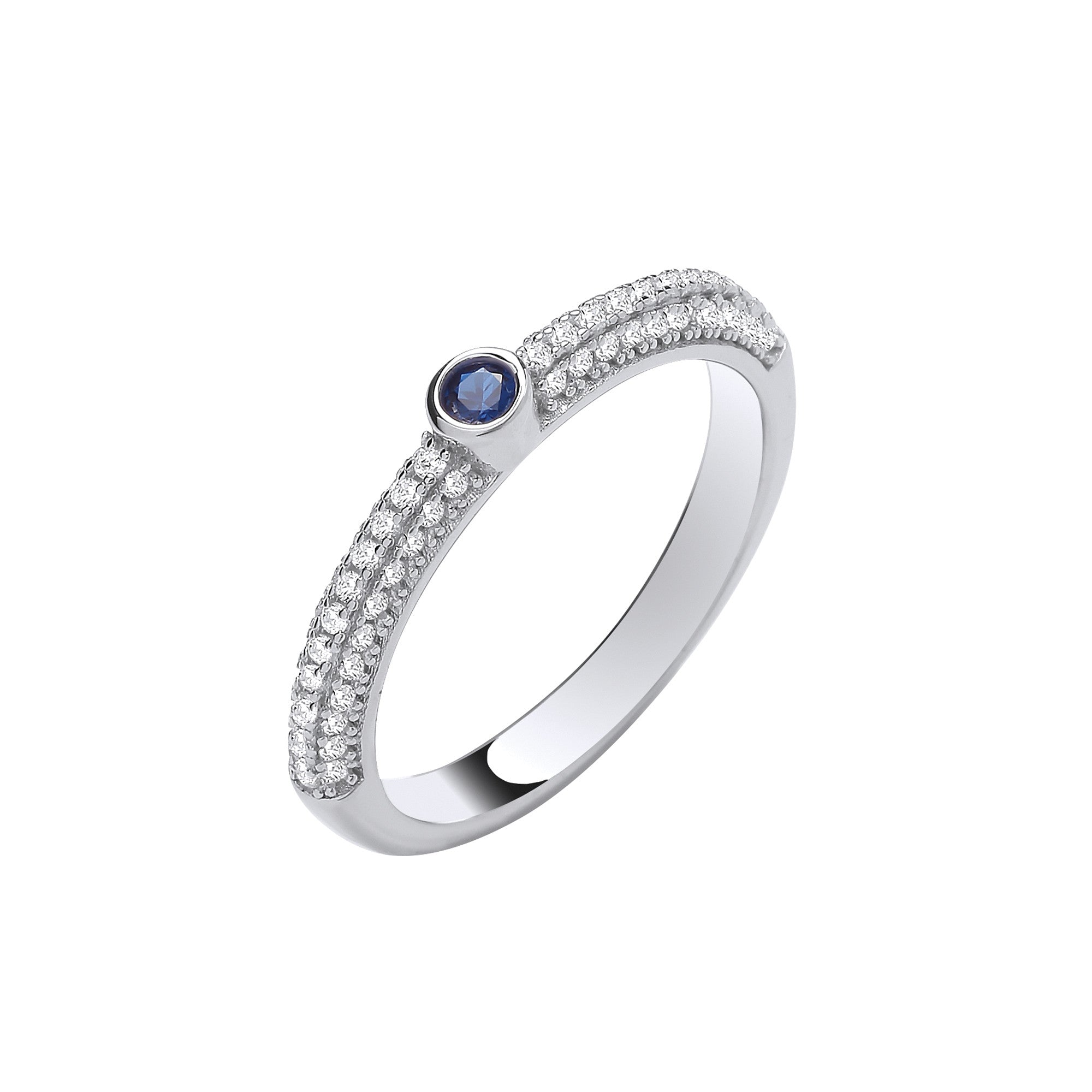 Silver Blue Sapphire Cubic Zirconia Rubover Half ET Ring