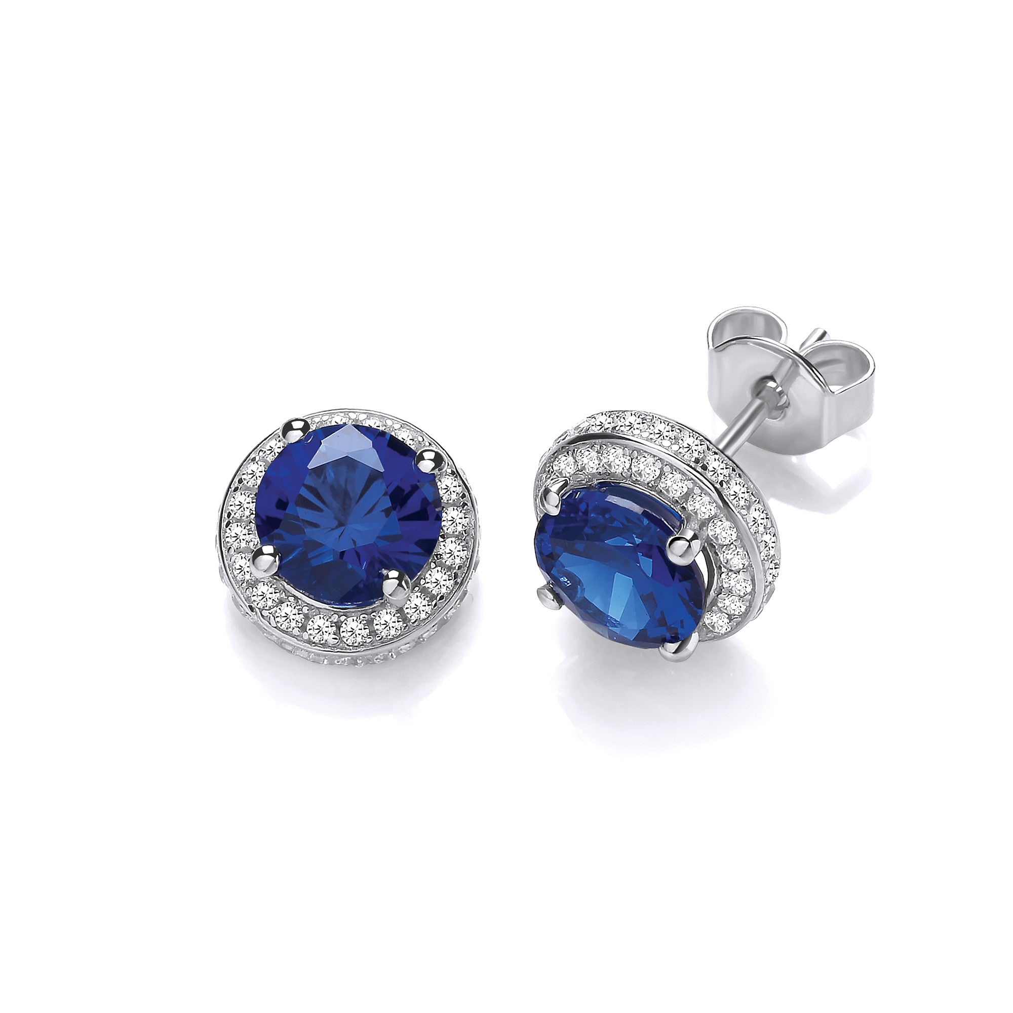 Blue Halo Style Cubic Zirconia Stud Earrings