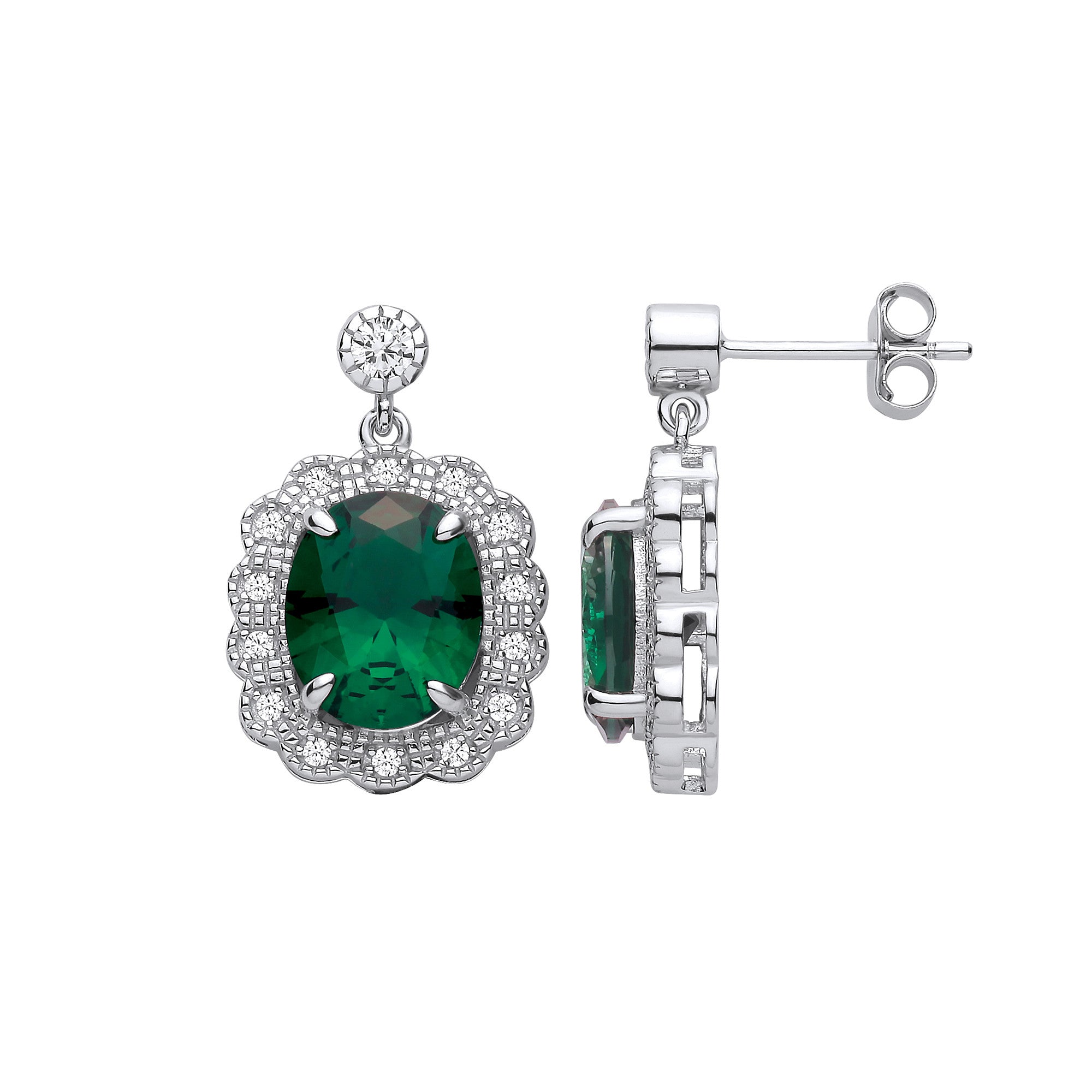 Silver Halo Drop Green Cubic Zirconia Earrings