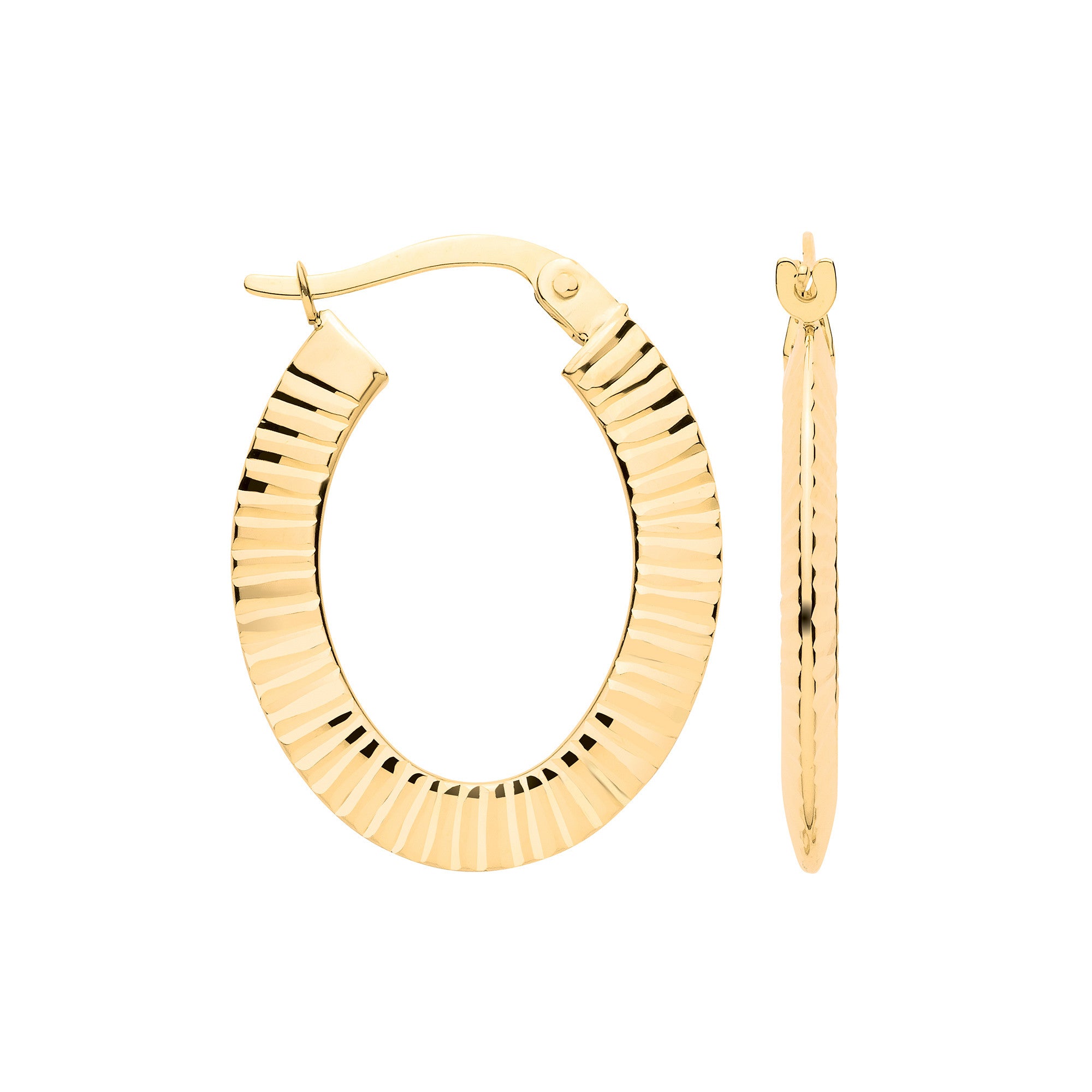 Yellow Gold Oval Double Side Ribbed Hoop Earrings