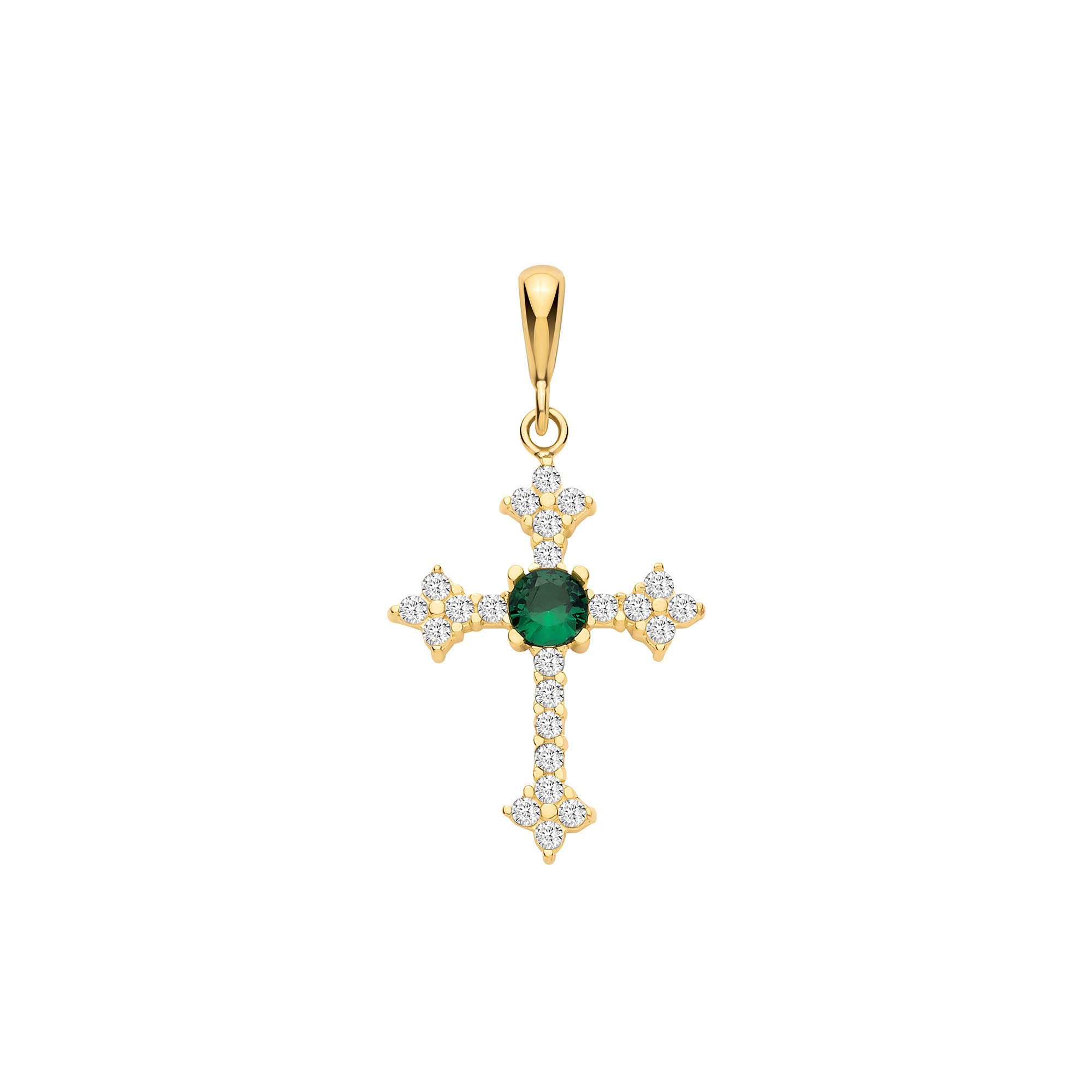 Yellow Gold Green and Clear Cubic Zirconias Cross