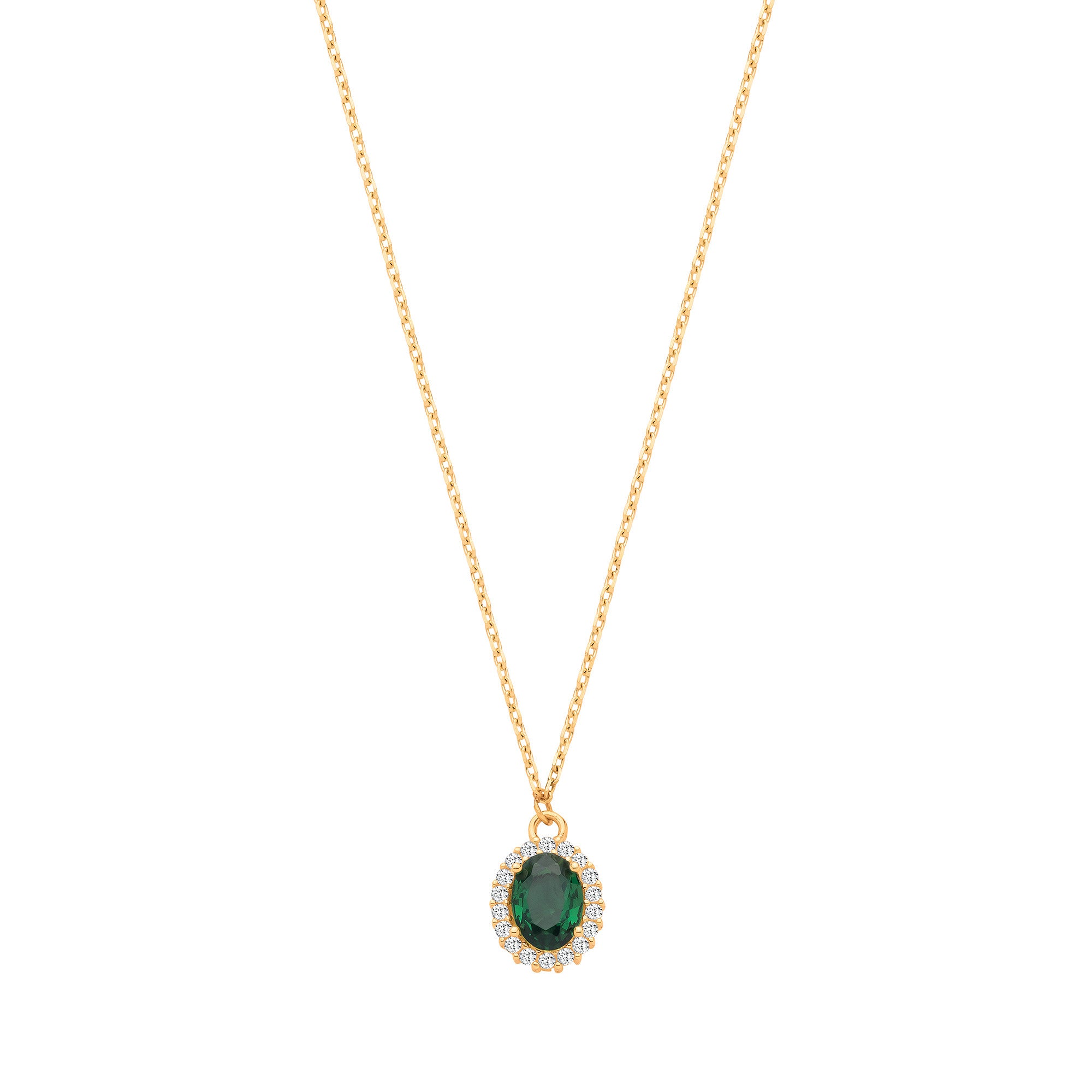 Yellow Gold Oval Green Cubic Zirconia Pendant on 18" Chain