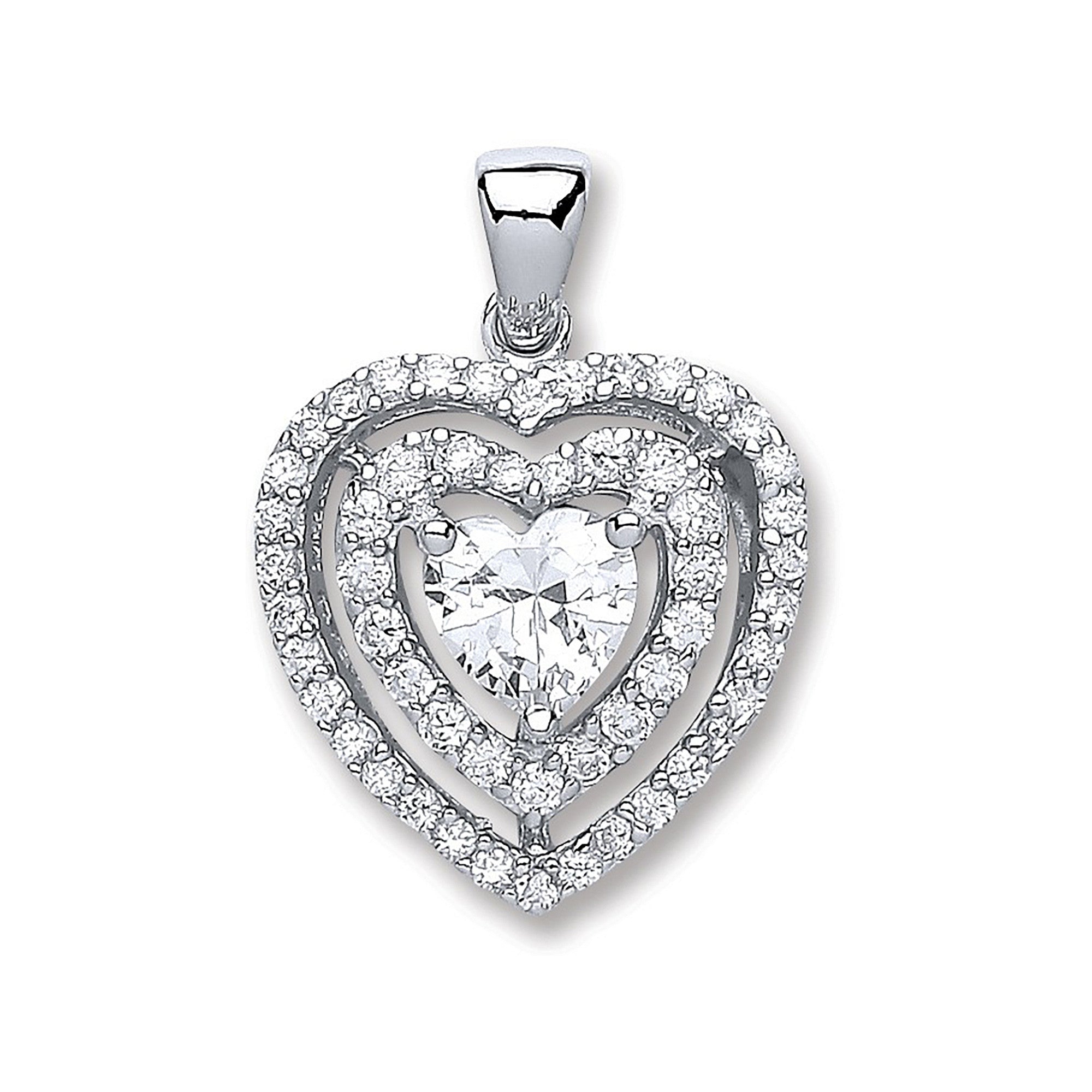 Silver Heart Cubic Zirconia with Two Row of Cubic Zirconia's Pendant - Silver