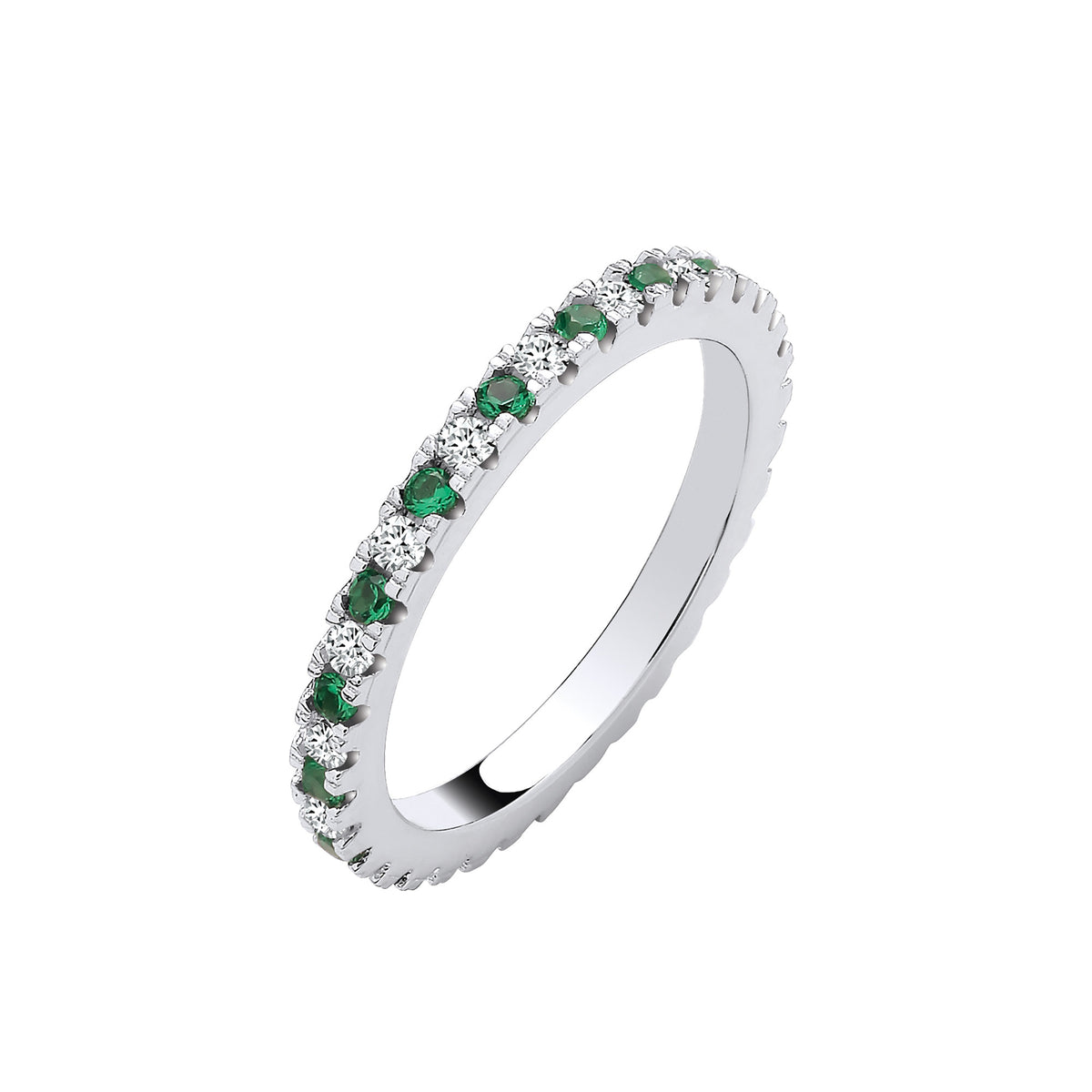 Silver Green Emerald & Clear Cubic Zirconias 2mm Full ET Ring