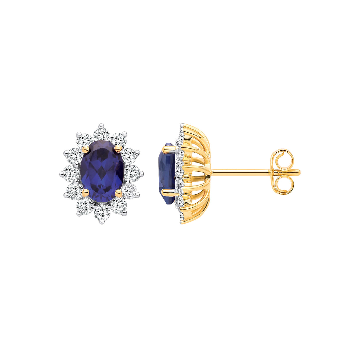 9ct Yellow Gold LAB GROWN 0.60ct Solitaire Diamond & 2.10ct Oval Sapphire Earrings IGI Certified