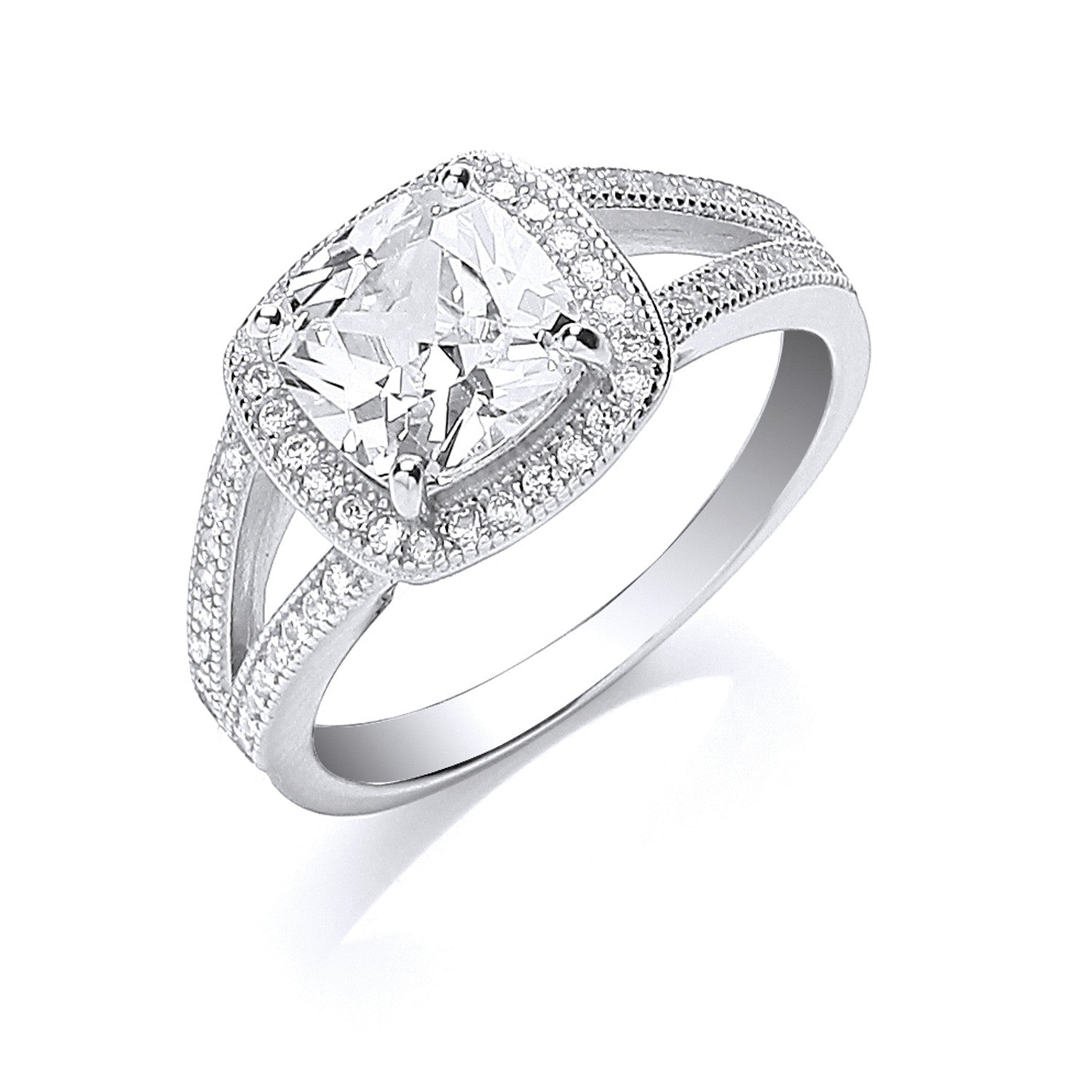 Silver Square Cubic Zirconia Split Shank Ring - Silver