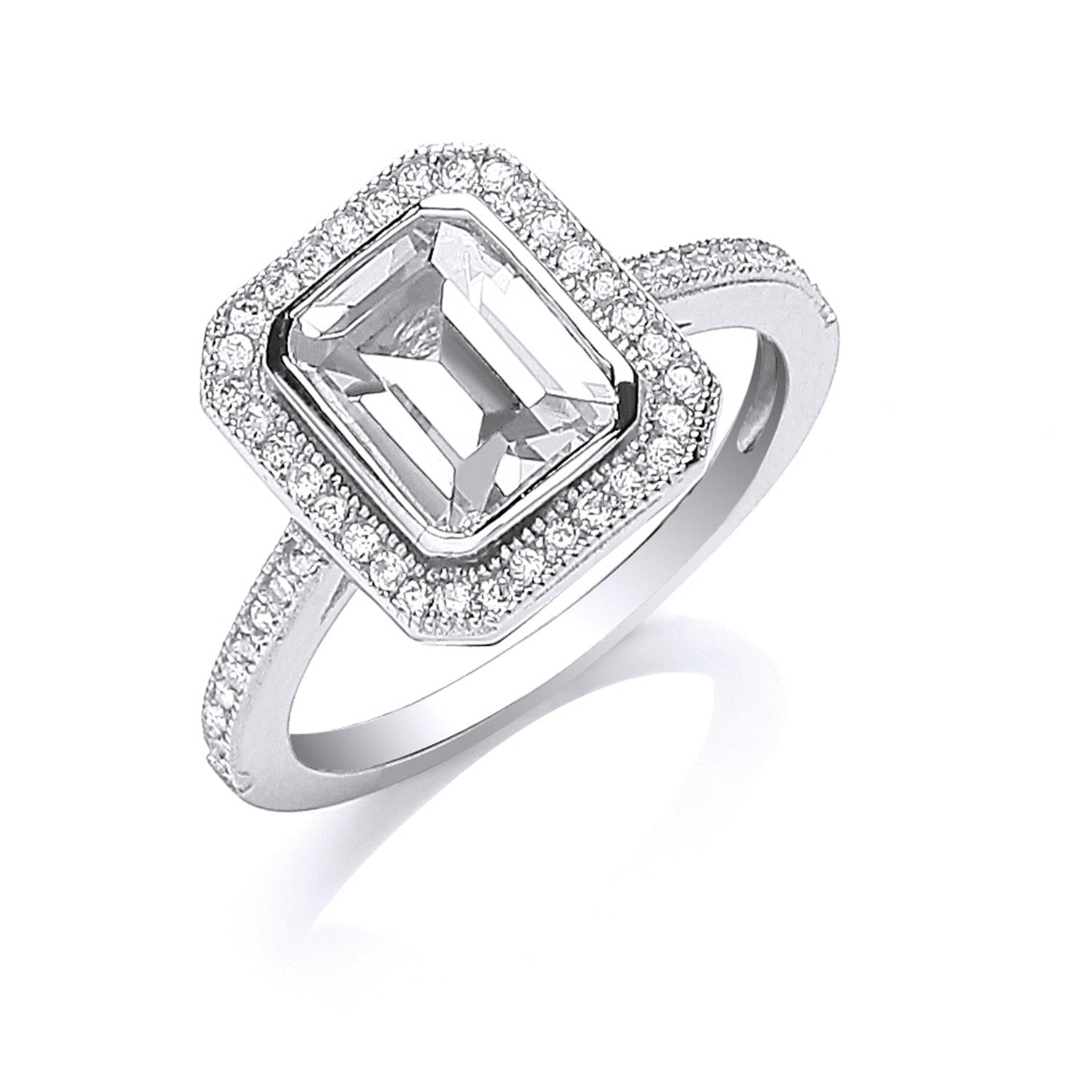 Silver Emerald Cut Cubic Zirconia Centre Ring - Silver