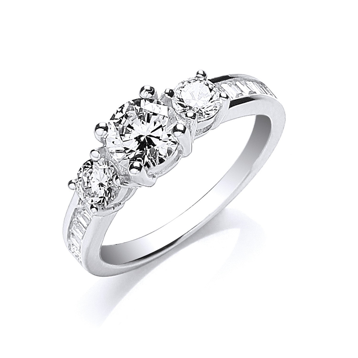 Silver Trilogy Rd. Brilliant with Baguettes on Shoulder Ring - Silver