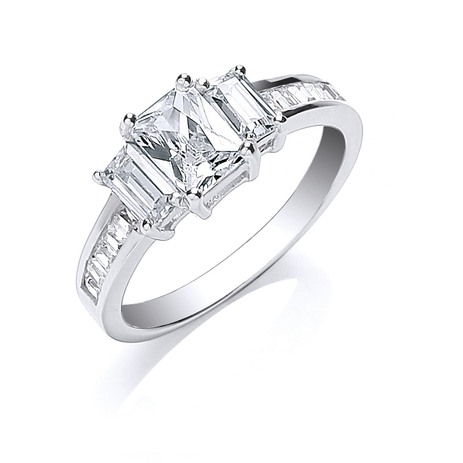 Silver Trilogy with Baguettes Cubic Zirconia & on Shoulder Ring - Silver