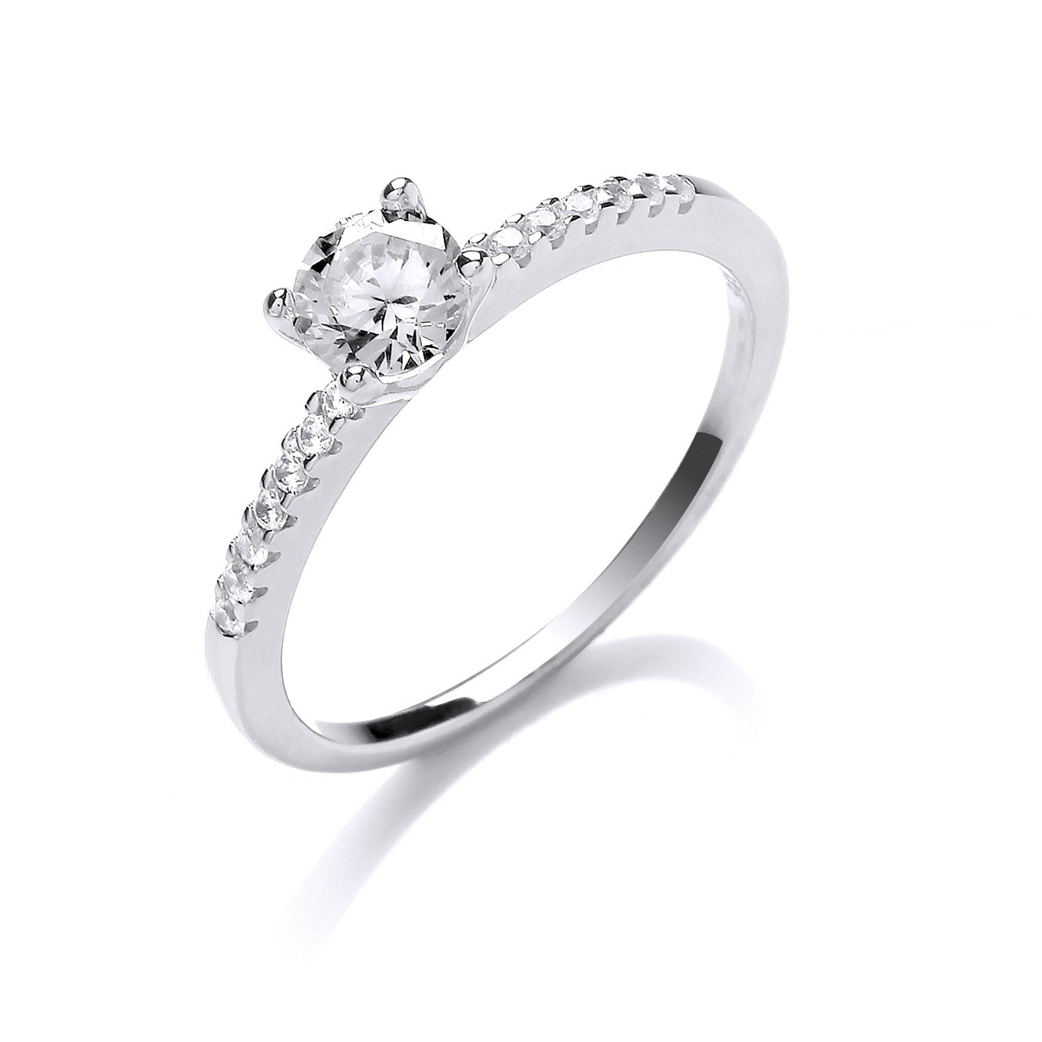 Silver Solitare With Cubic Zirconia Shoulder Ring - Silver