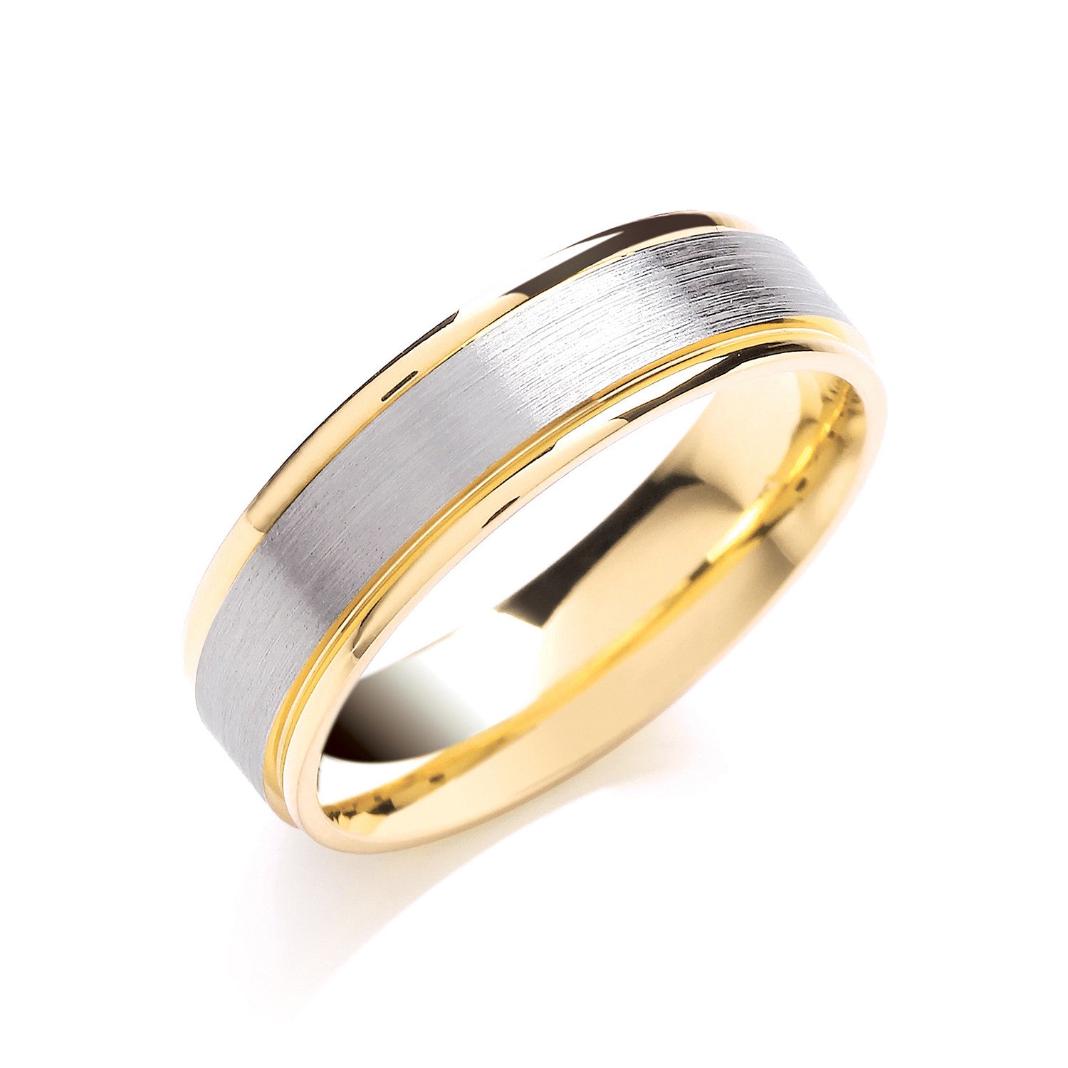 Alliance de mariage 6 mm, deux couleurs, plate, centre mat, bords polis - Or 18 carats