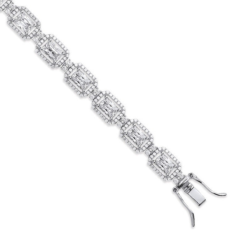 Silver Clear Cubic Zirconia Emerald Cut in a Halo Style Tennis Bracelet - Silver