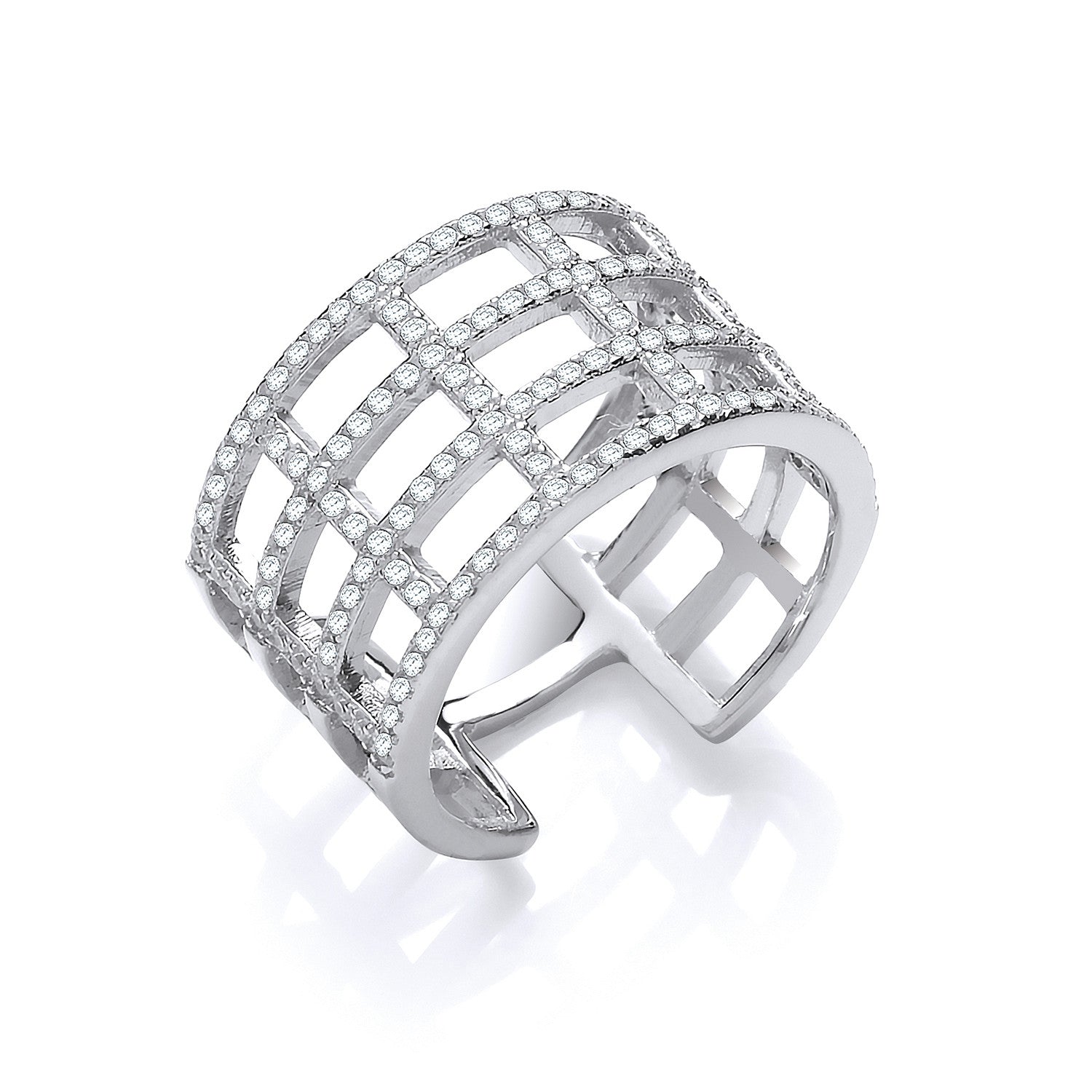 Silver Open Rectangular Designs Cubic Zirconia Ring - Silver