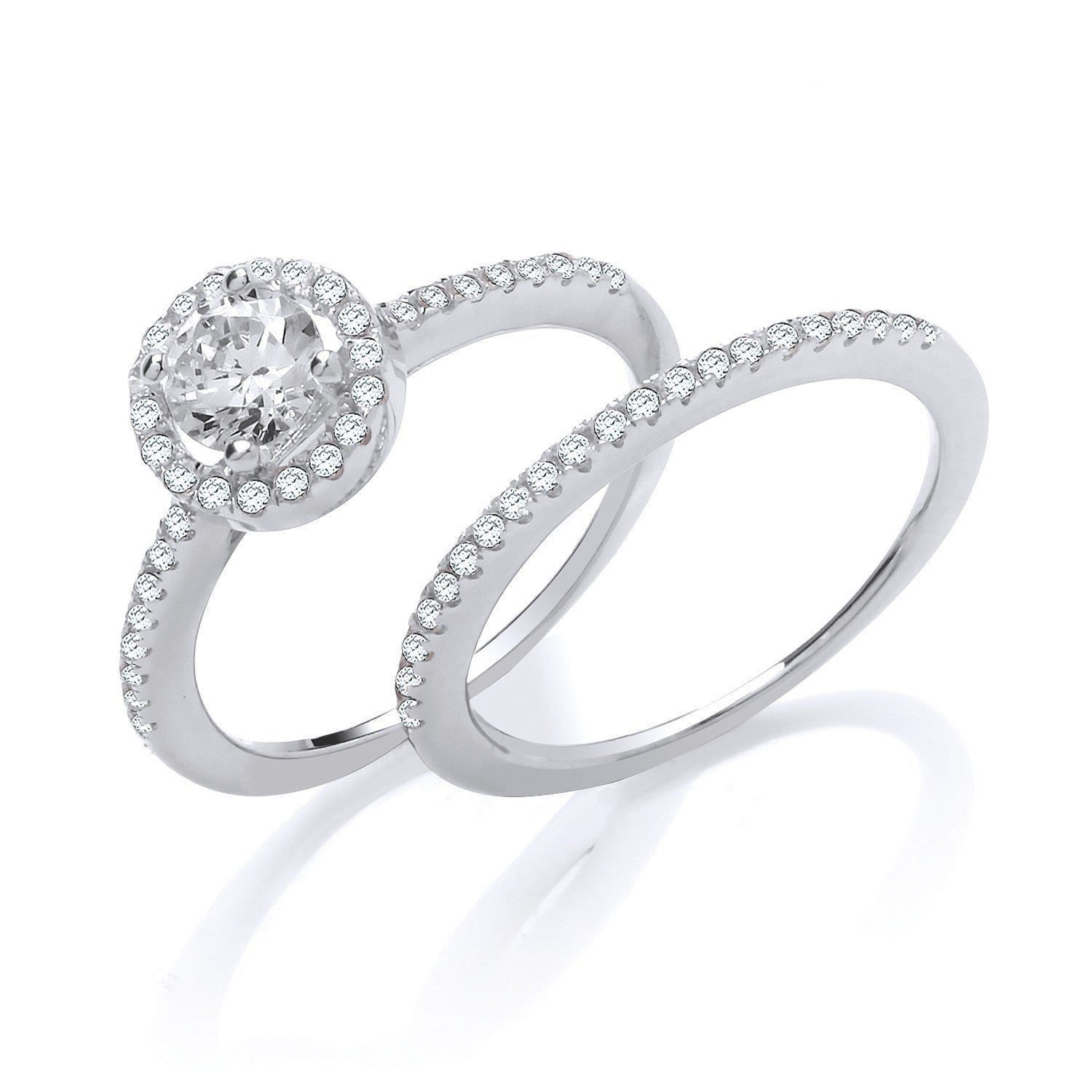 Silver Bridal Set Halo Solitaire with Half ET Cubic Zirconia