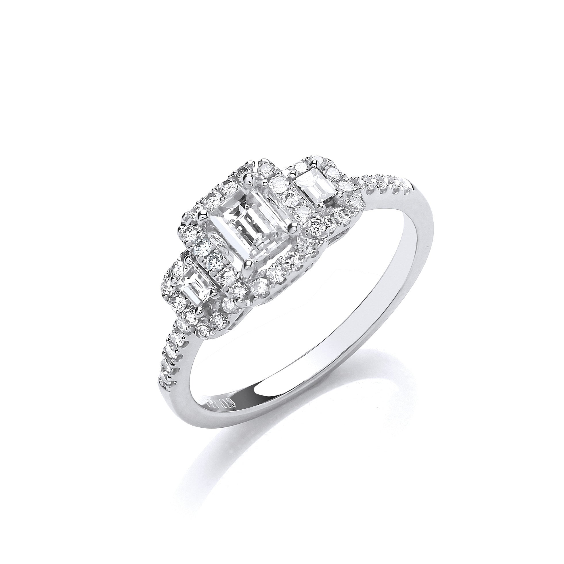 18ct White Gold Emerald Cut 0.75ct Halo style Trilogy Ring - 18ct Gold