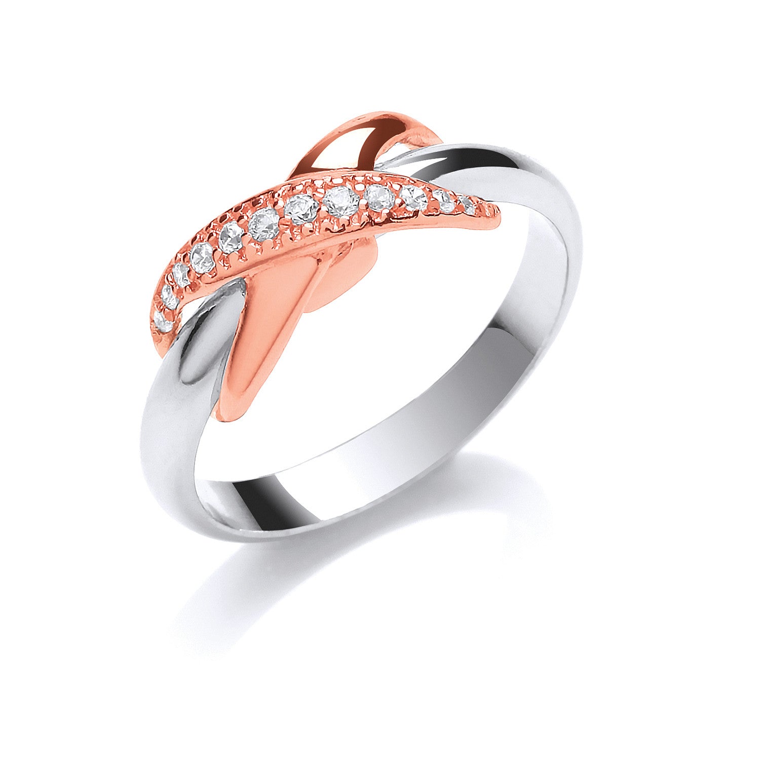 Silver Rose Gold Coated Kiss Cubic Zirconia Ring - Silver