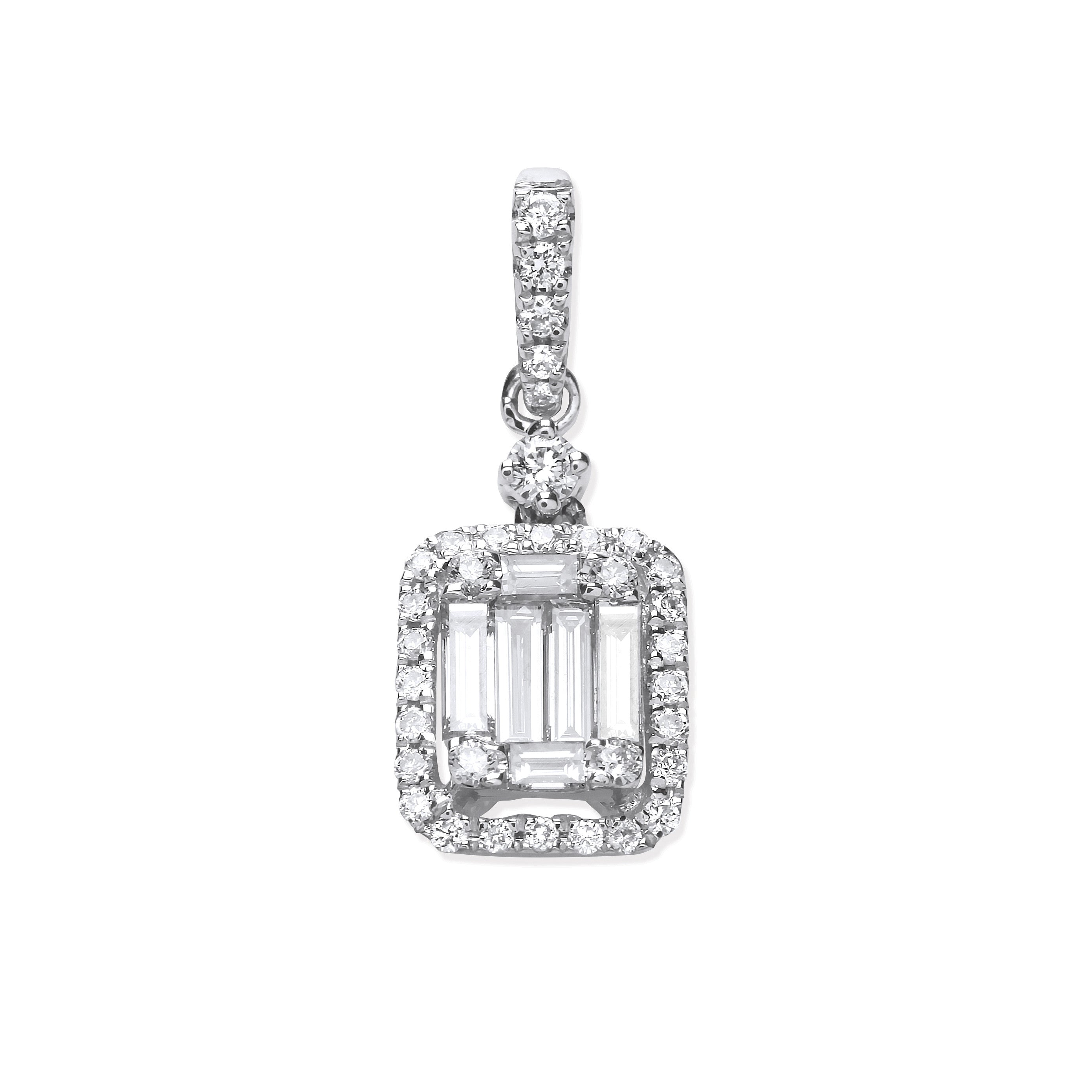 18ct White Gold 0.40ct Baguette & Brilliant Cut Diamond Rectangle Halo Pendant - 18ct Gold