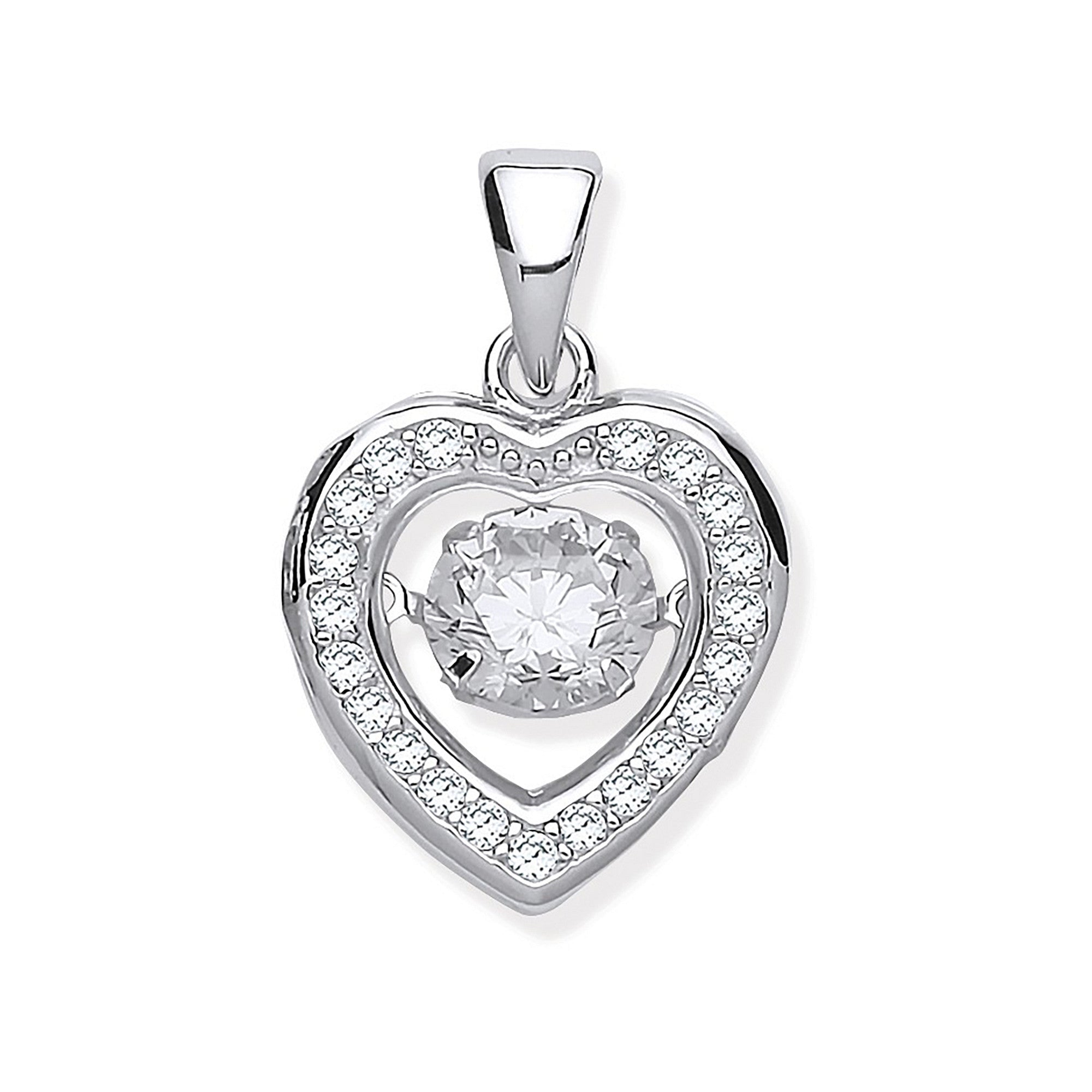 Silver Cubic Zirconia Heart Pendant with Hanging Shimering Cubic Zirconia - Silver