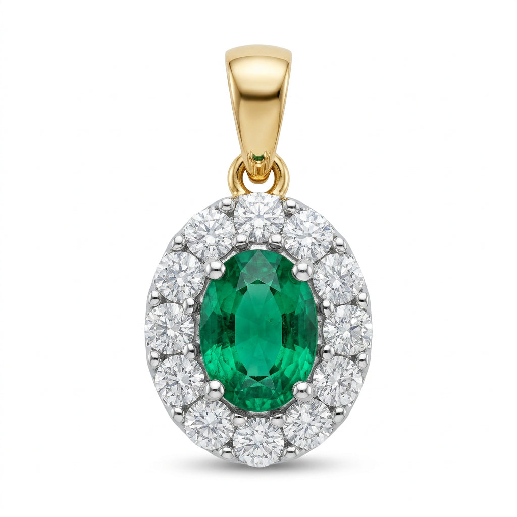 9ct Yellow Gold 0.40ct Emerald Cluster 0.05ct Diamond Pendant
