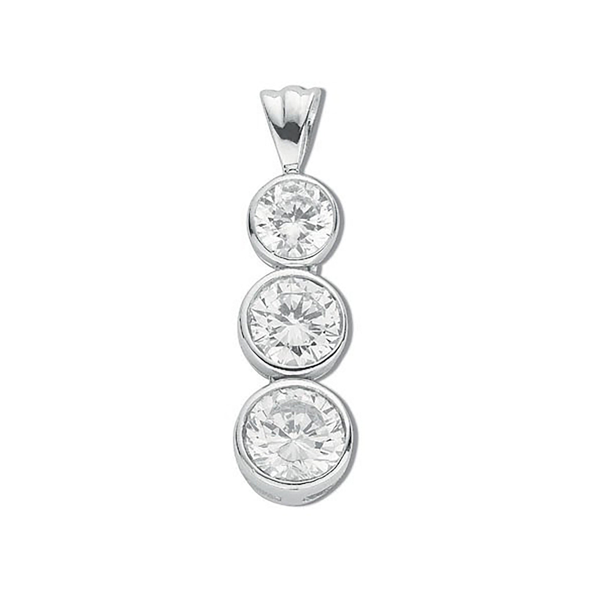 Silver Rubover Set Cubic Zirconia Trilogy Drop Pendant - Silver