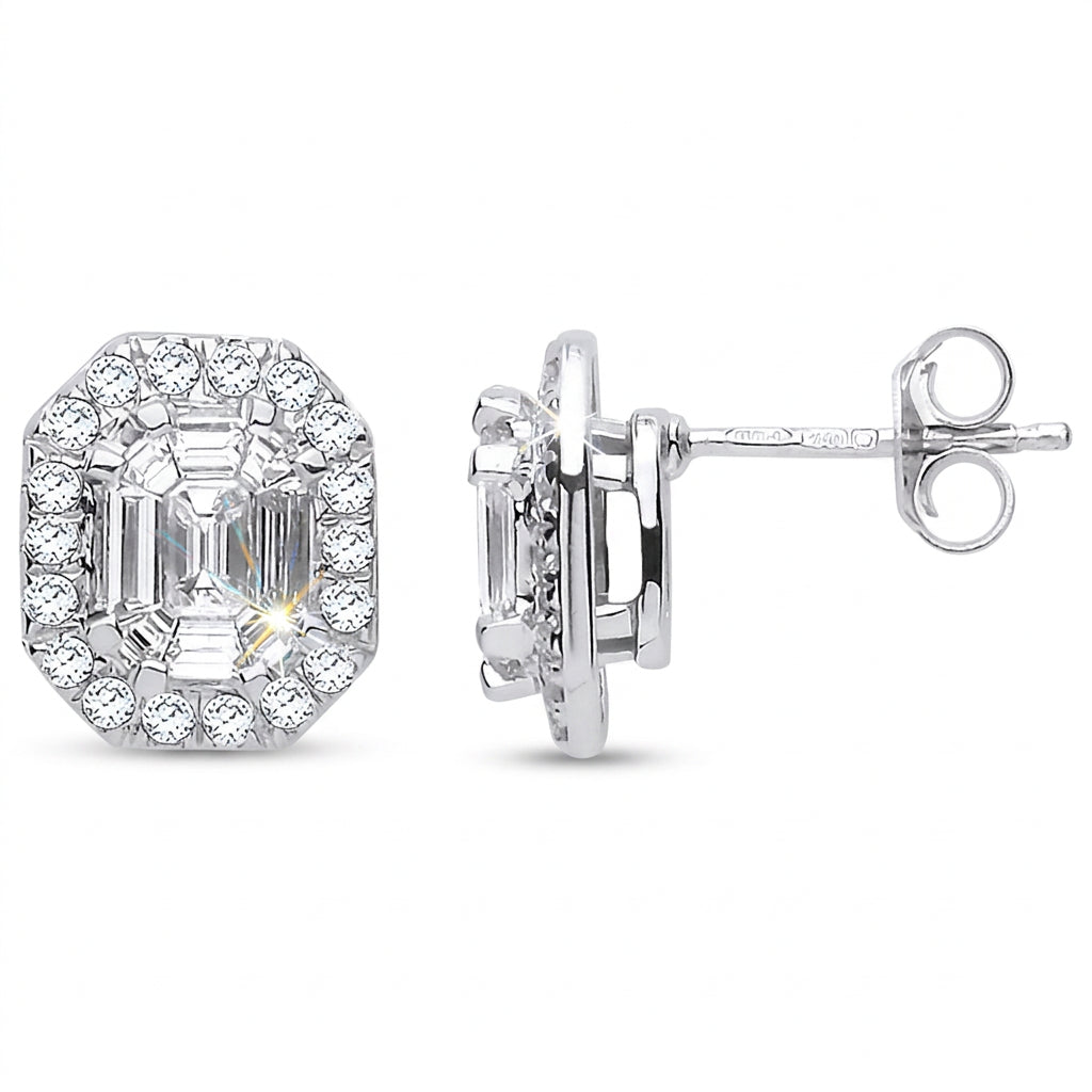 18ct White Gold Rd. Baguettes & Emerald Centre 1.40ctw Diamond Studs