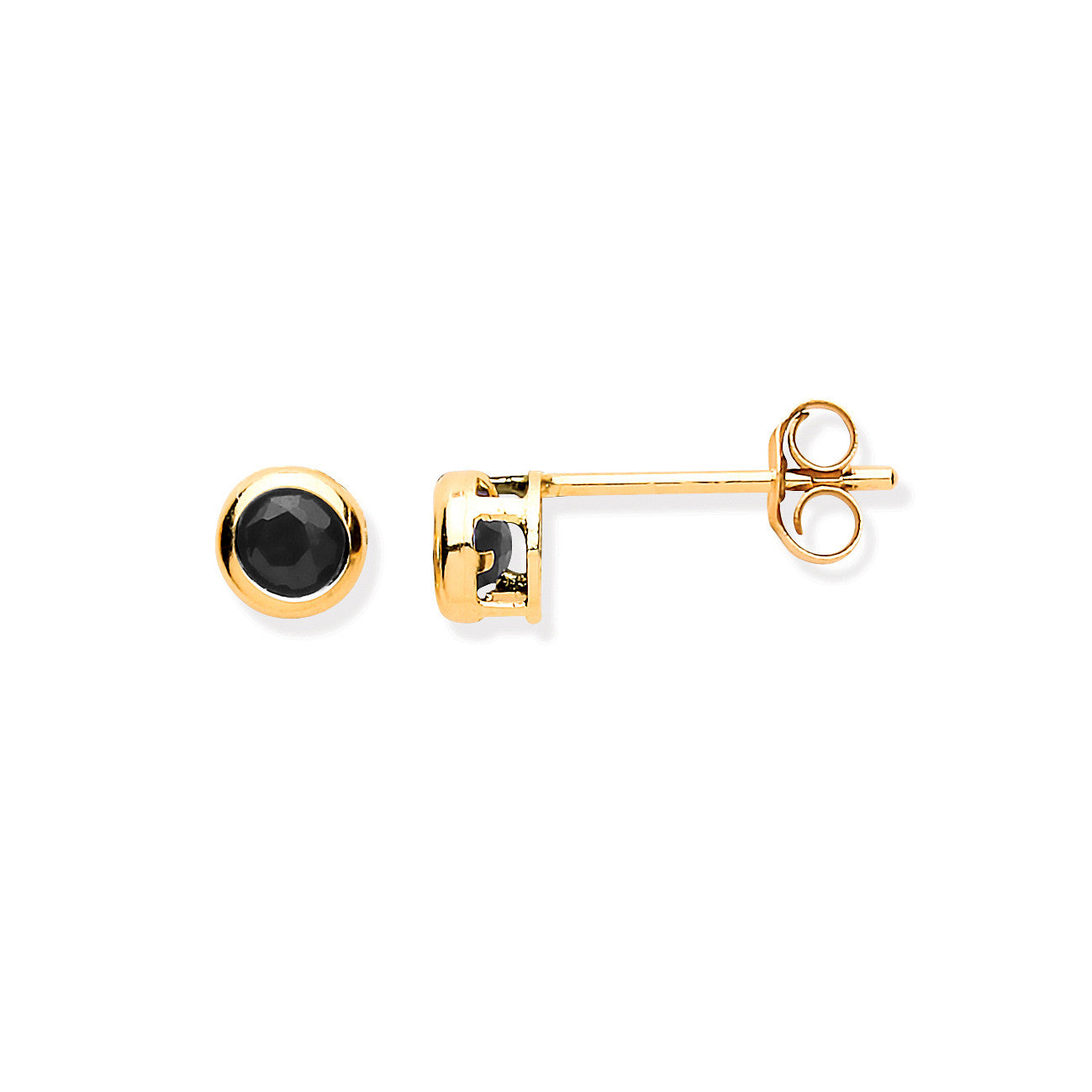 9ct Yellow Gold 3.8mm Black Sapphire Rubover Studs - 9ct Gold