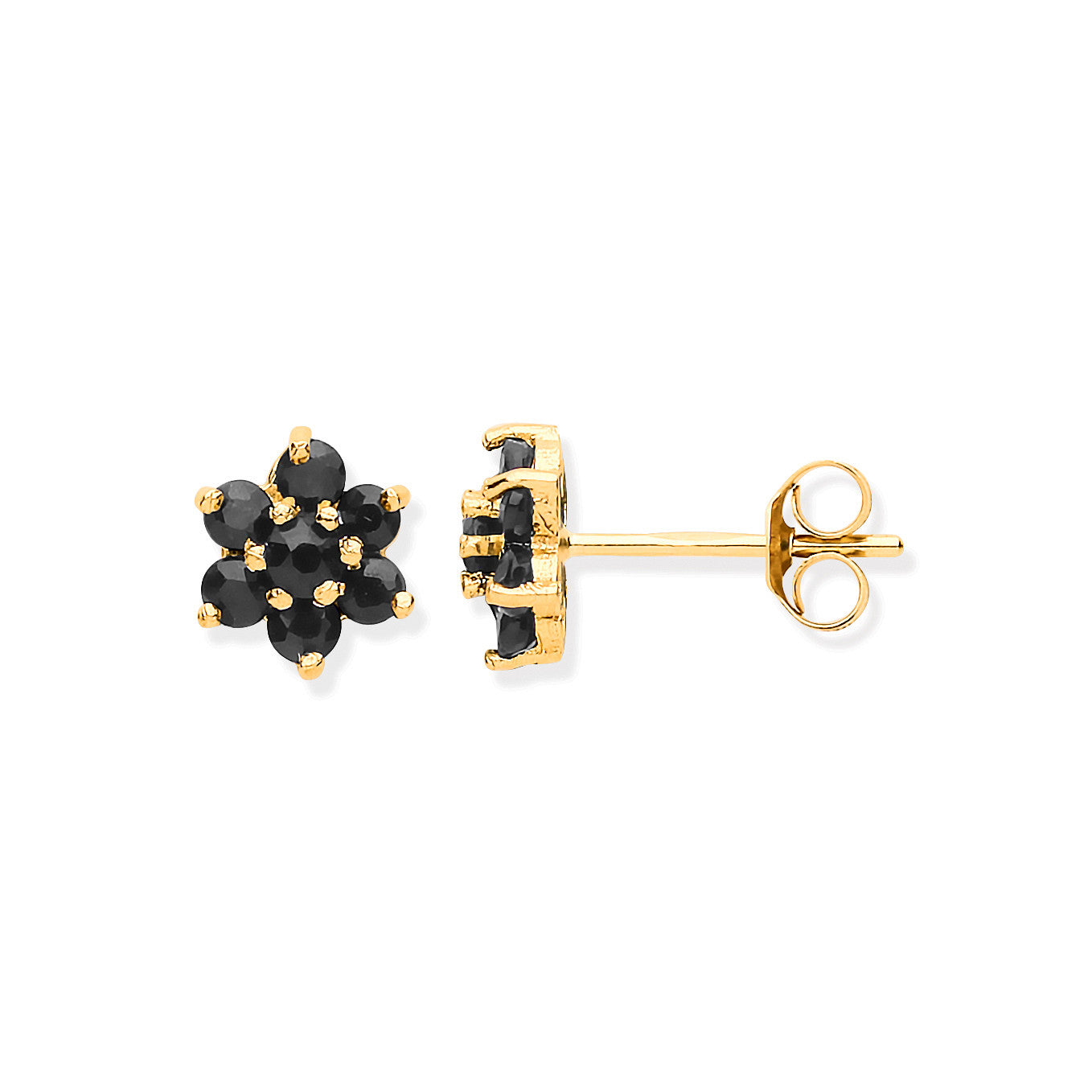 9ct Yellow Gold Black Sapphire Flower Studs - 9ct Gold