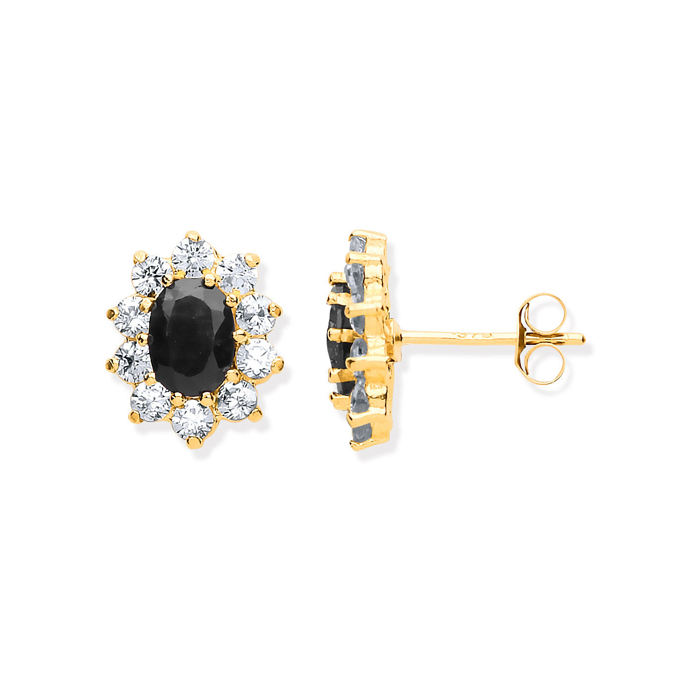 9ct Yellow Gold Black Sapphire & Cubic Zirconias Cluster Studs - 9ct Gold
