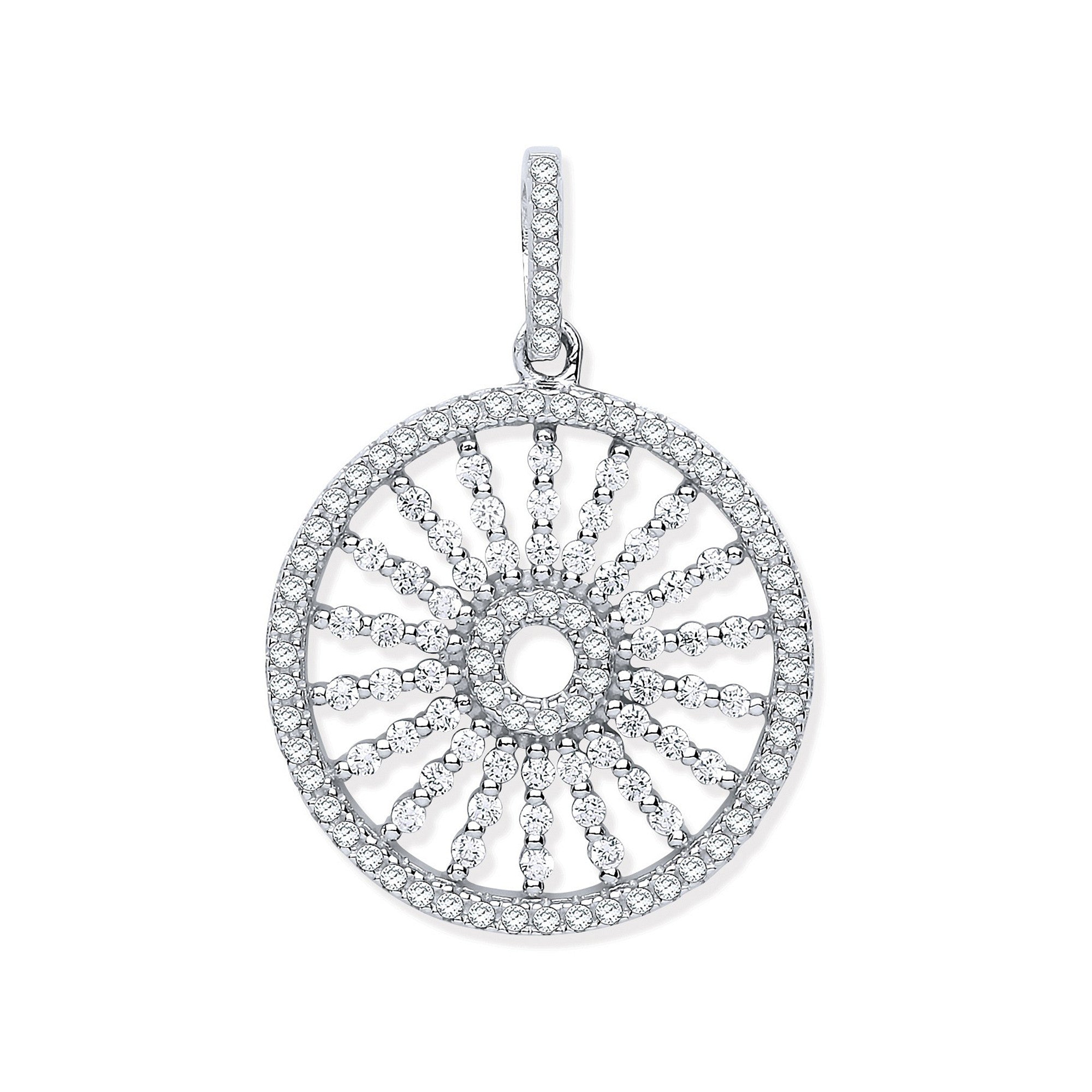 Silver Circle with Burst Lines Cubic Zirconia Pendant