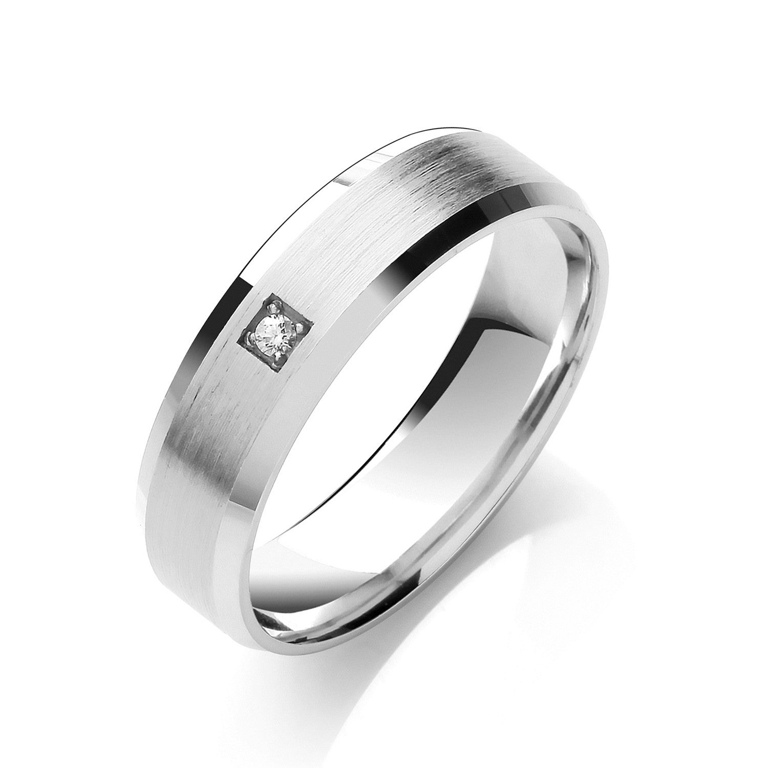 0.02ct S/S Brilliant Cut Diamond Set 6mm Flat Court Bevelled Edge Matt Centre Wedding Band - Platinum
