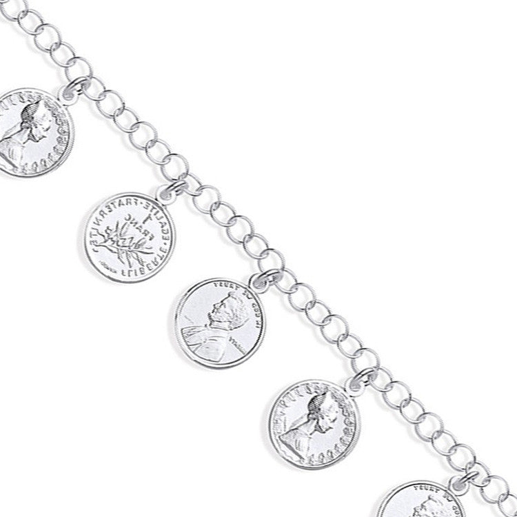 Silver 8 Coins Ladies Charm Bracelet - Silver