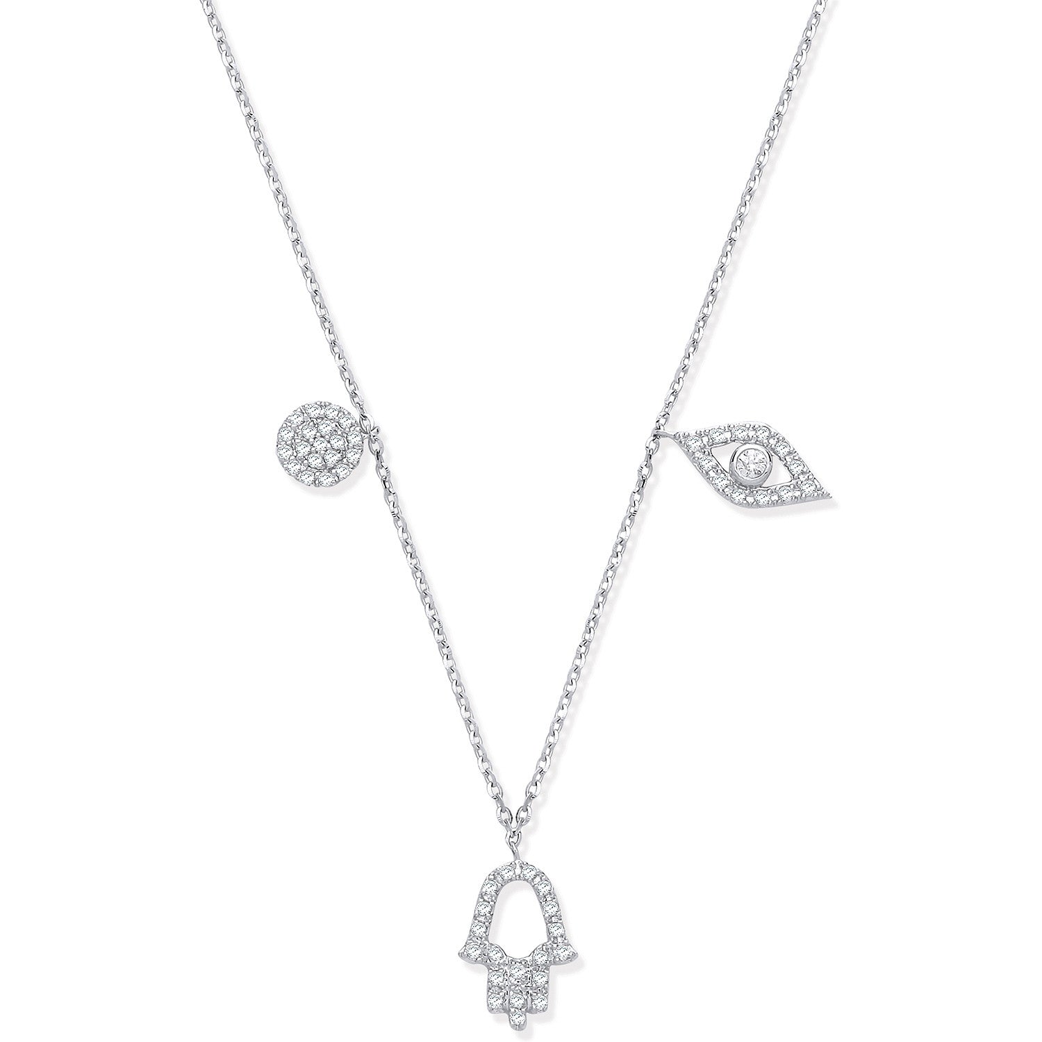 9ct White Gold 0.22ctw Evil Eye, Hamsa & Circle Pendant (18in/45cm) Chain - 9ct Gold