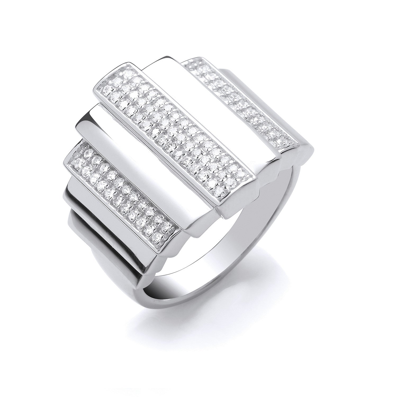Silver Cubic Zirconia & Plain Step Ring - Silver