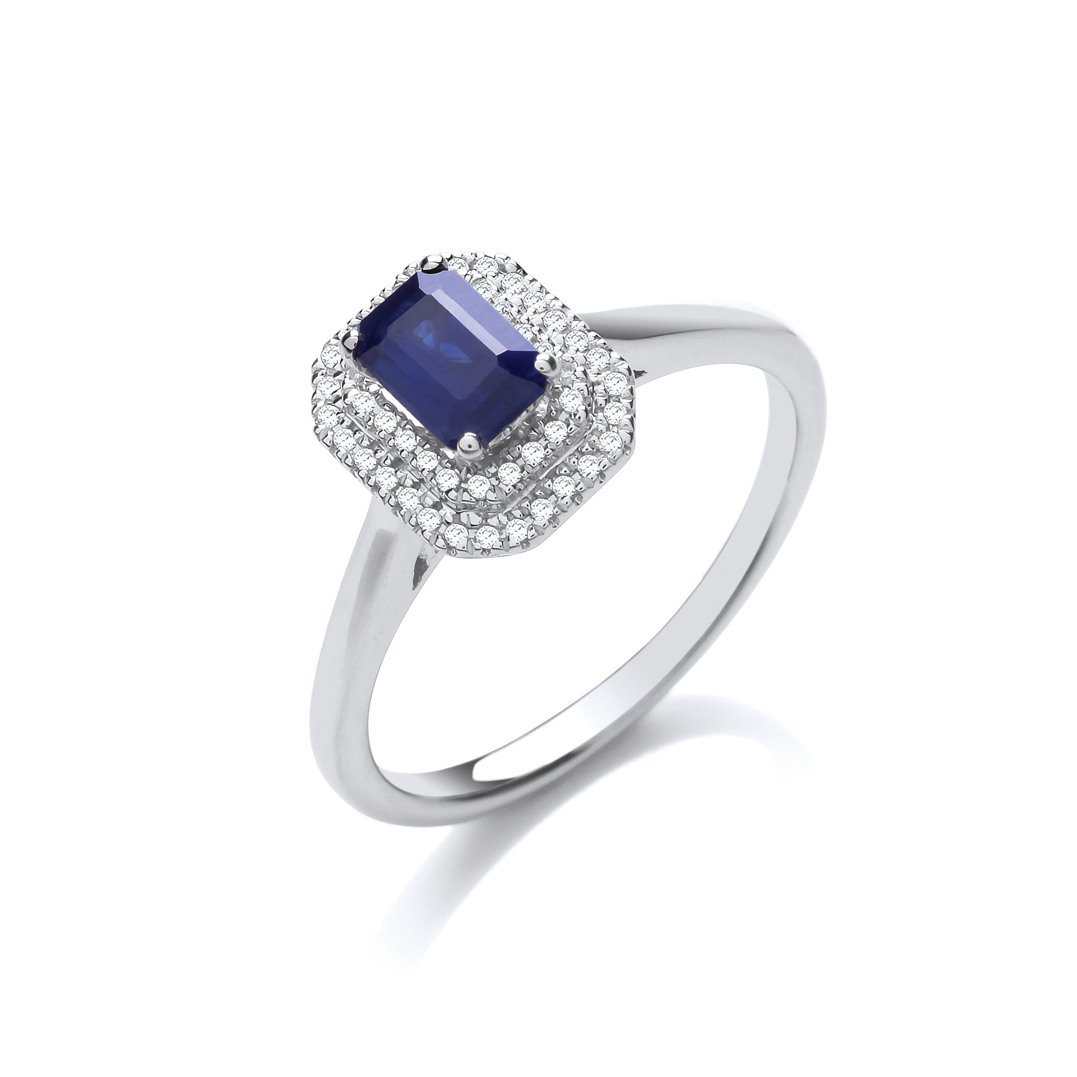 9ct White Gold Double 0.10ctw Diamond Halo Ring with 0.70ct Emerald Cut Sapphire - 9ct Gold